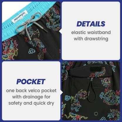 4.5 Inch Inseam Vintage Stretch Neon Dragon Swim Trunks-VibeCloset