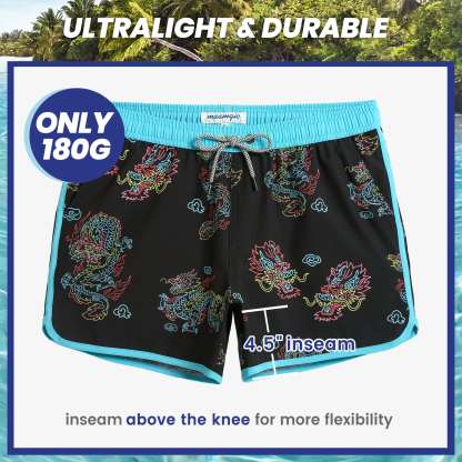 4.5 Inch Inseam Vintage Stretch Neon Dragon Swim Trunks-VibeCloset