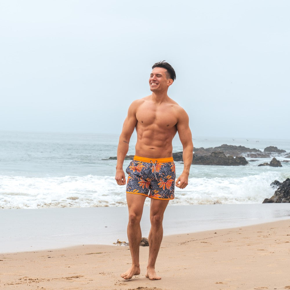 4.5 Inch Inseam Vintage Stretch Sunflower Printed Swim Trunks-VibeCloset