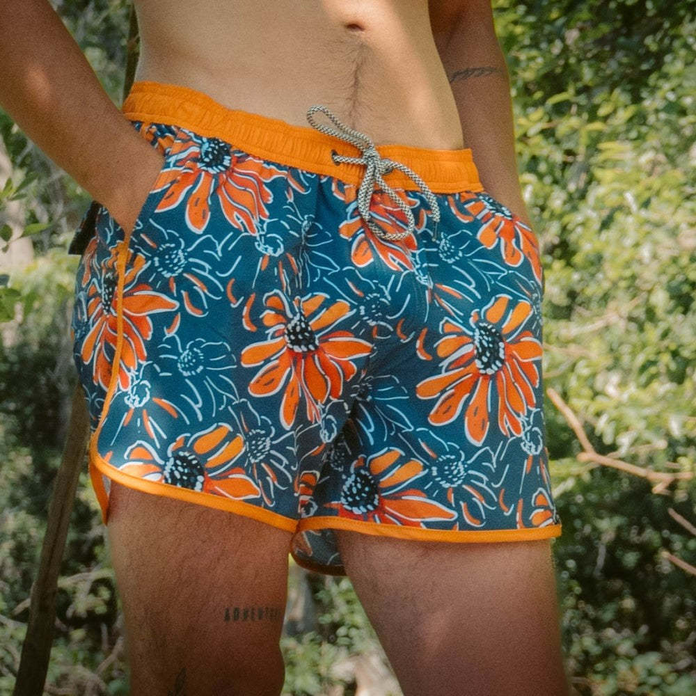 4.5 Inch Inseam Vintage Stretch Sunflower Printed Swim Trunks-VibeCloset
