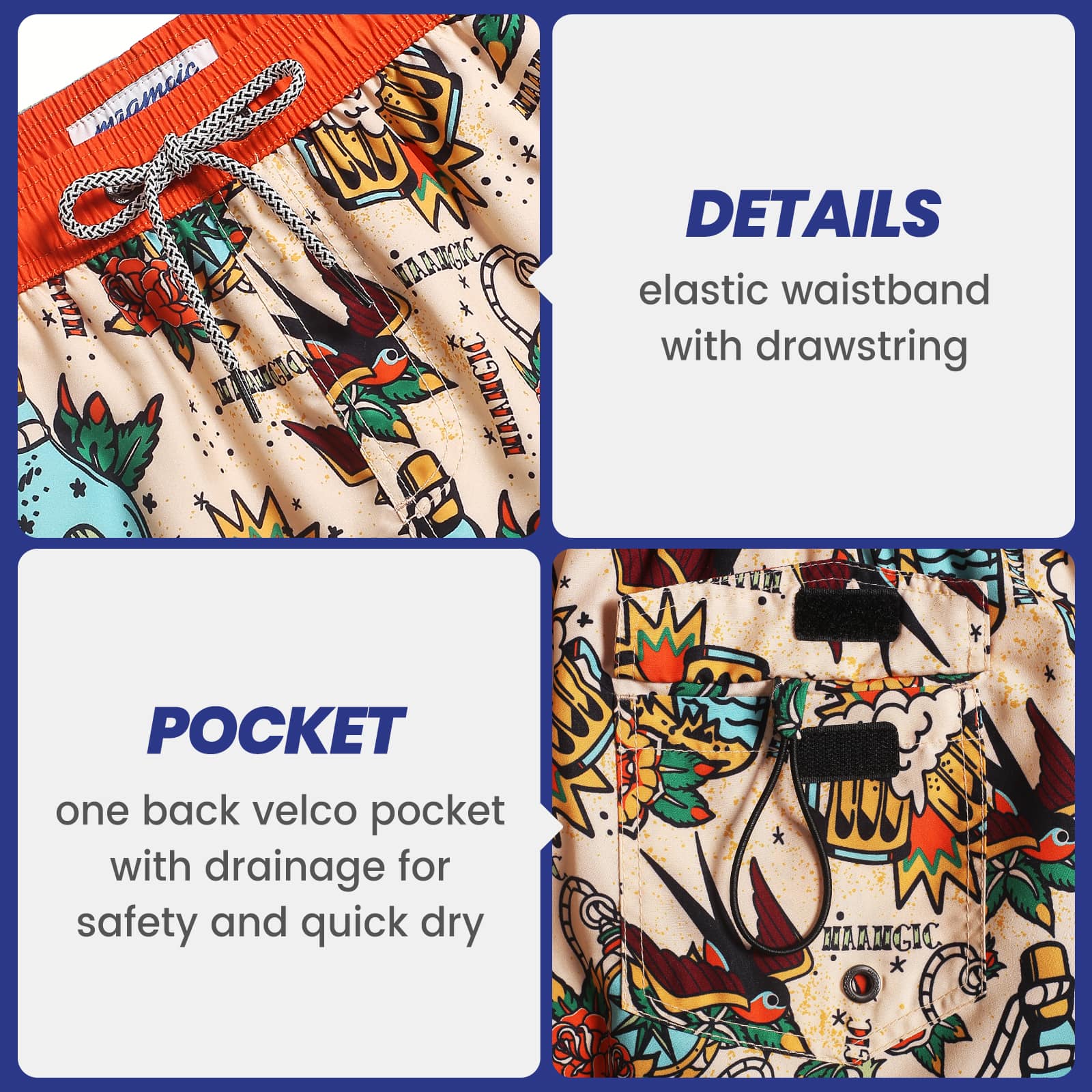 4.5 Inch Inseam Vintage Stretch White Circus Swim Trunks-VibeCloset