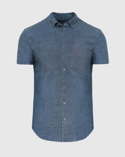 Light Indigo Wash Short Sleeve Stretch Chambray Shirt-VibeCloset