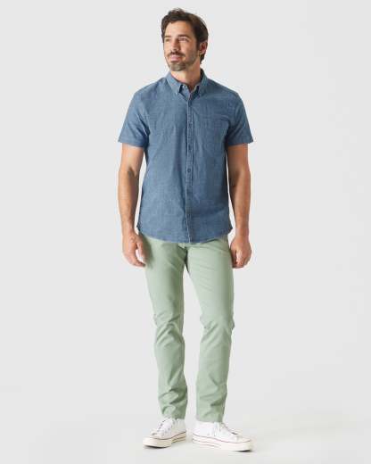 Light Indigo Wash Short Sleeve Stretch Chambray Shirt-VibeCloset