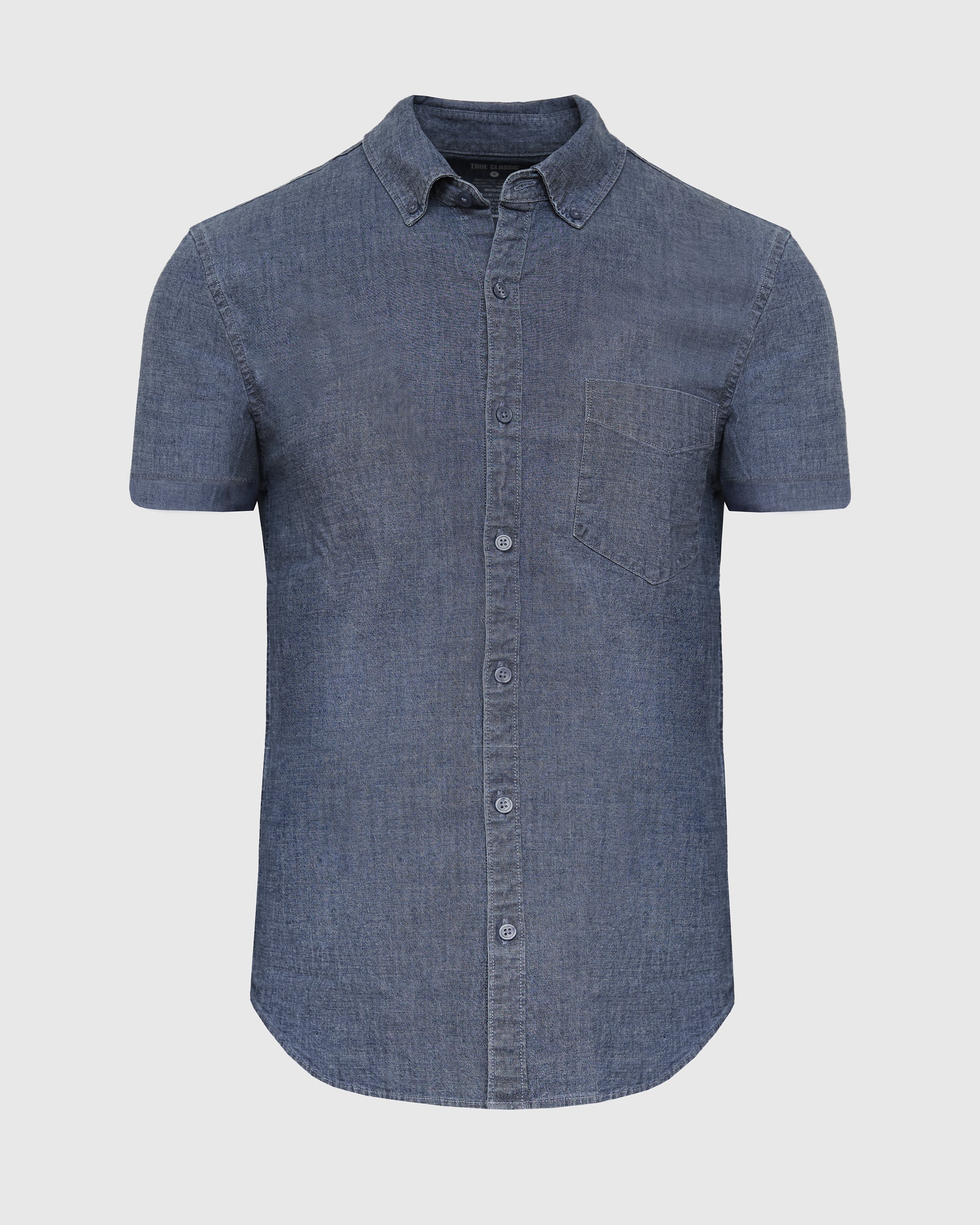 Medium Indigo Wash Short Sleeve Stretch Chambray Shirt-VibeCloset