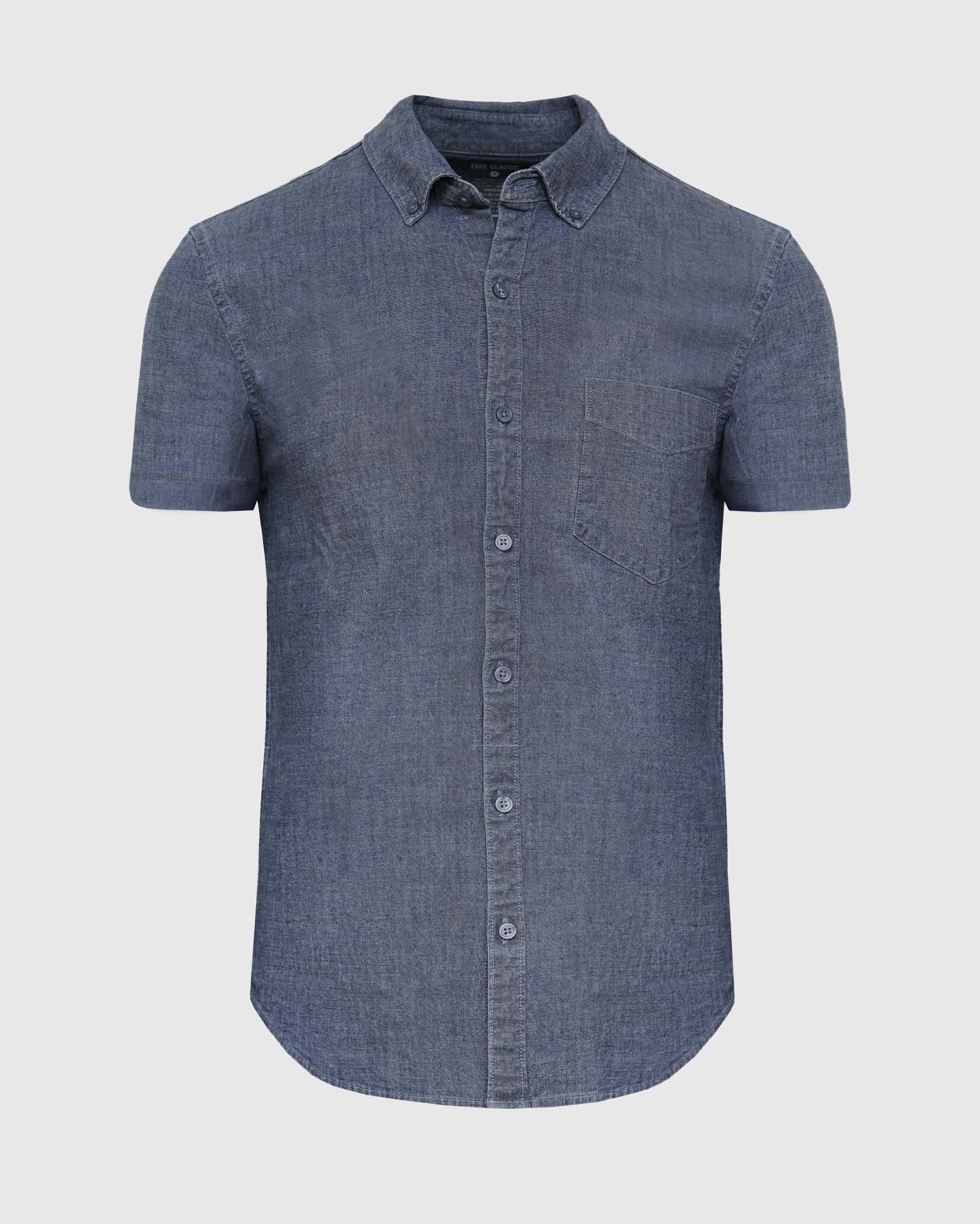 Medium Indigo Wash Short Sleeve Stretch Chambray Shirt-VibeCloset