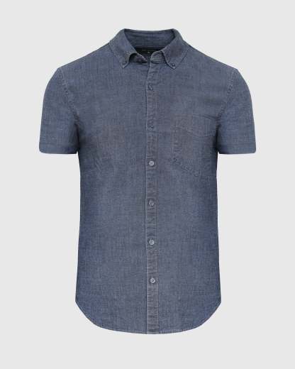 Medium Indigo Wash Short Sleeve Stretch Chambray Shirt-VibeCloset