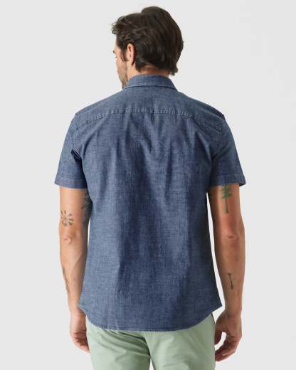 Medium Indigo Wash Short Sleeve Stretch Chambray Shirt-VibeCloset
