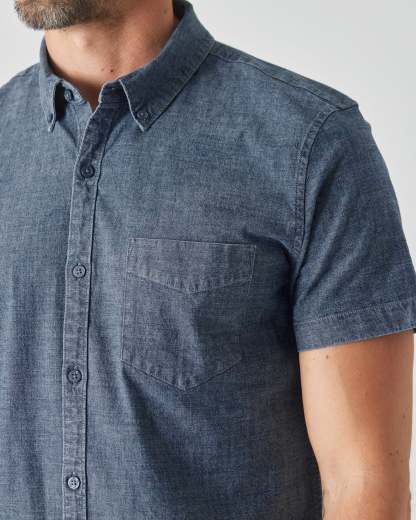 Medium Indigo Wash Short Sleeve Stretch Chambray Shirt-VibeCloset
