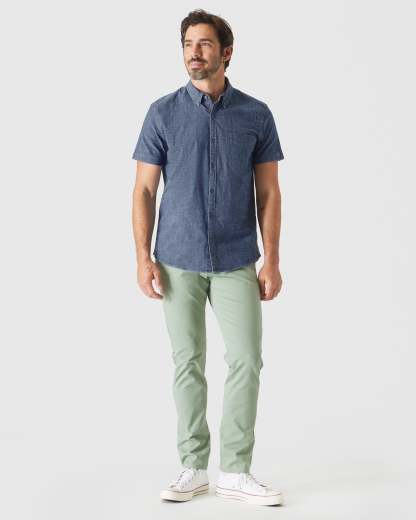 Medium Indigo Wash Short Sleeve Stretch Chambray Shirt-VibeCloset