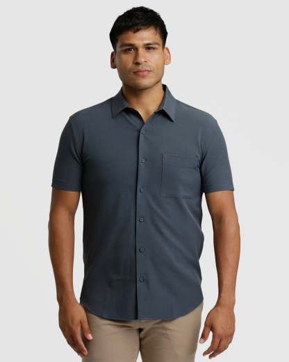 Heather Navy Short Sleeve Ripstop Commuter Shirt-VibeCloset
