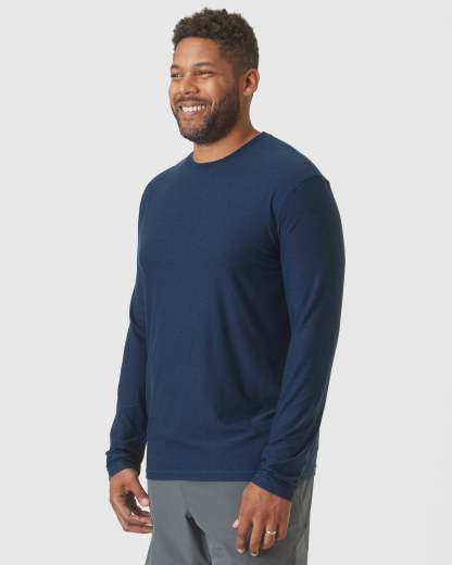 Deep Sea Blue Heather Active Long Sleeve Crew T-Shirt-VibeCloset