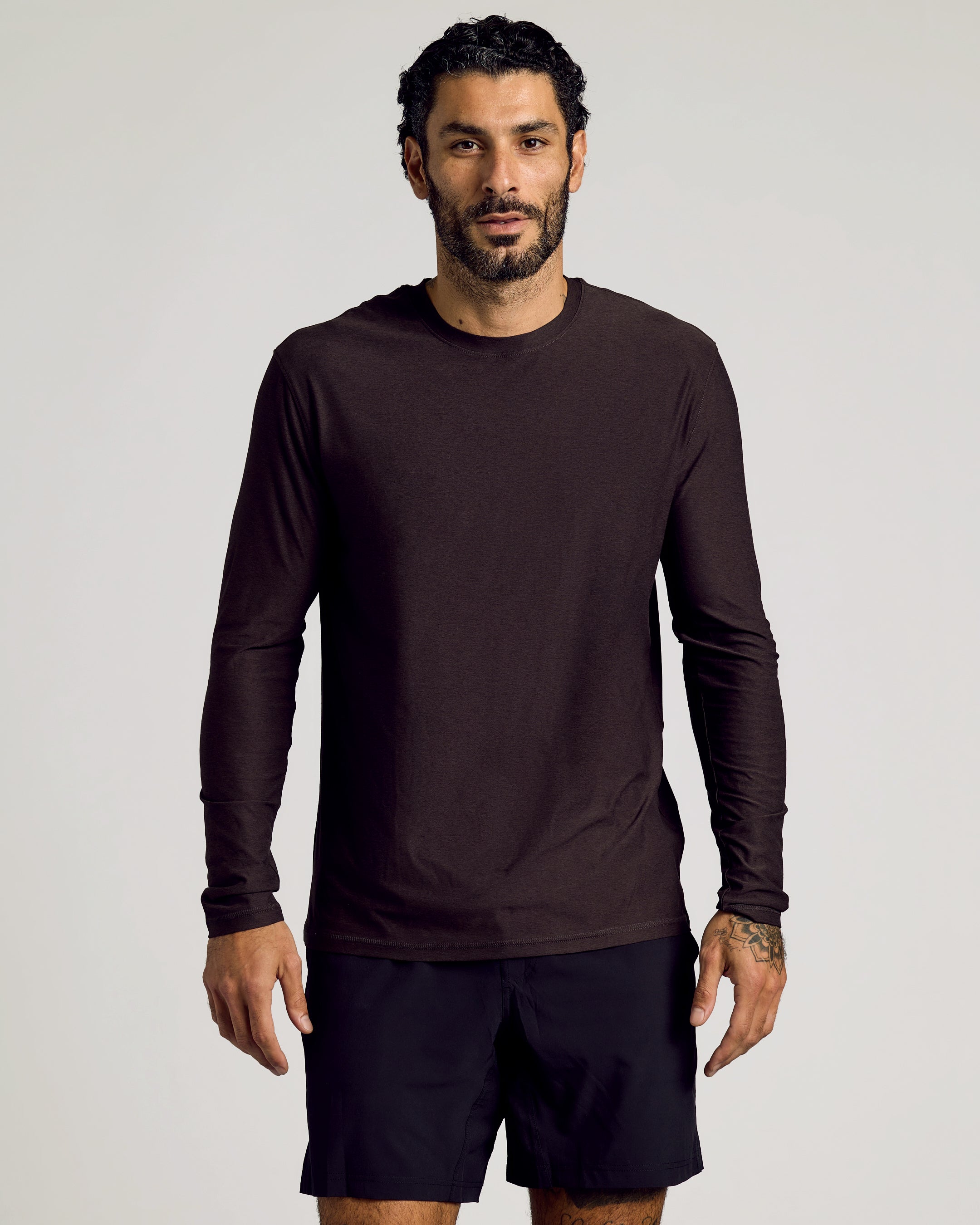 Dark Heather Cocoa Active Long Sleeve Crew T-Shirt-VibeCloset