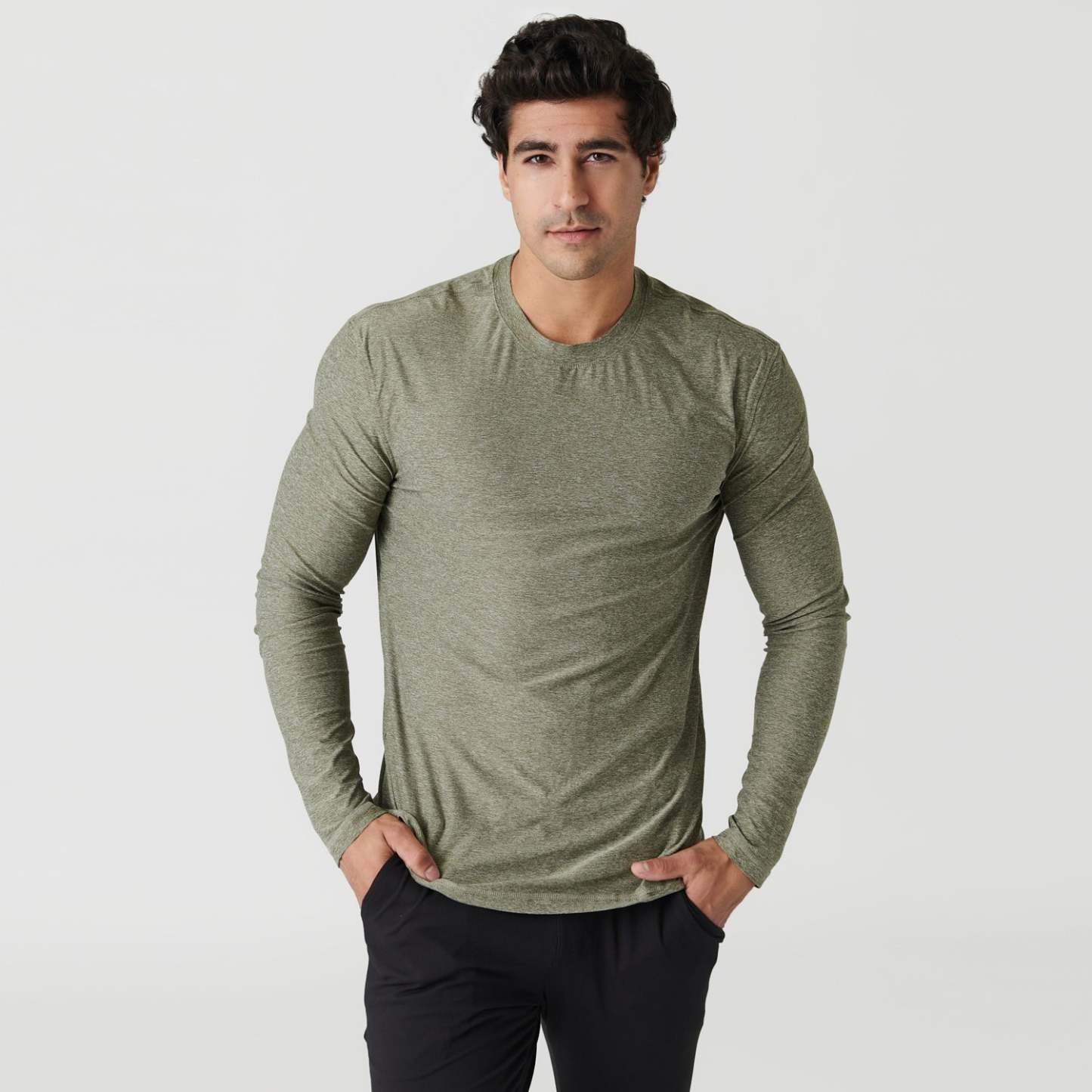 Heather Military Green Active Long Sleeve Crew T-Shirt-VibeCloset