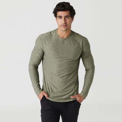 Heather Military Green Active Long Sleeve Crew T-Shirt-VibeCloset