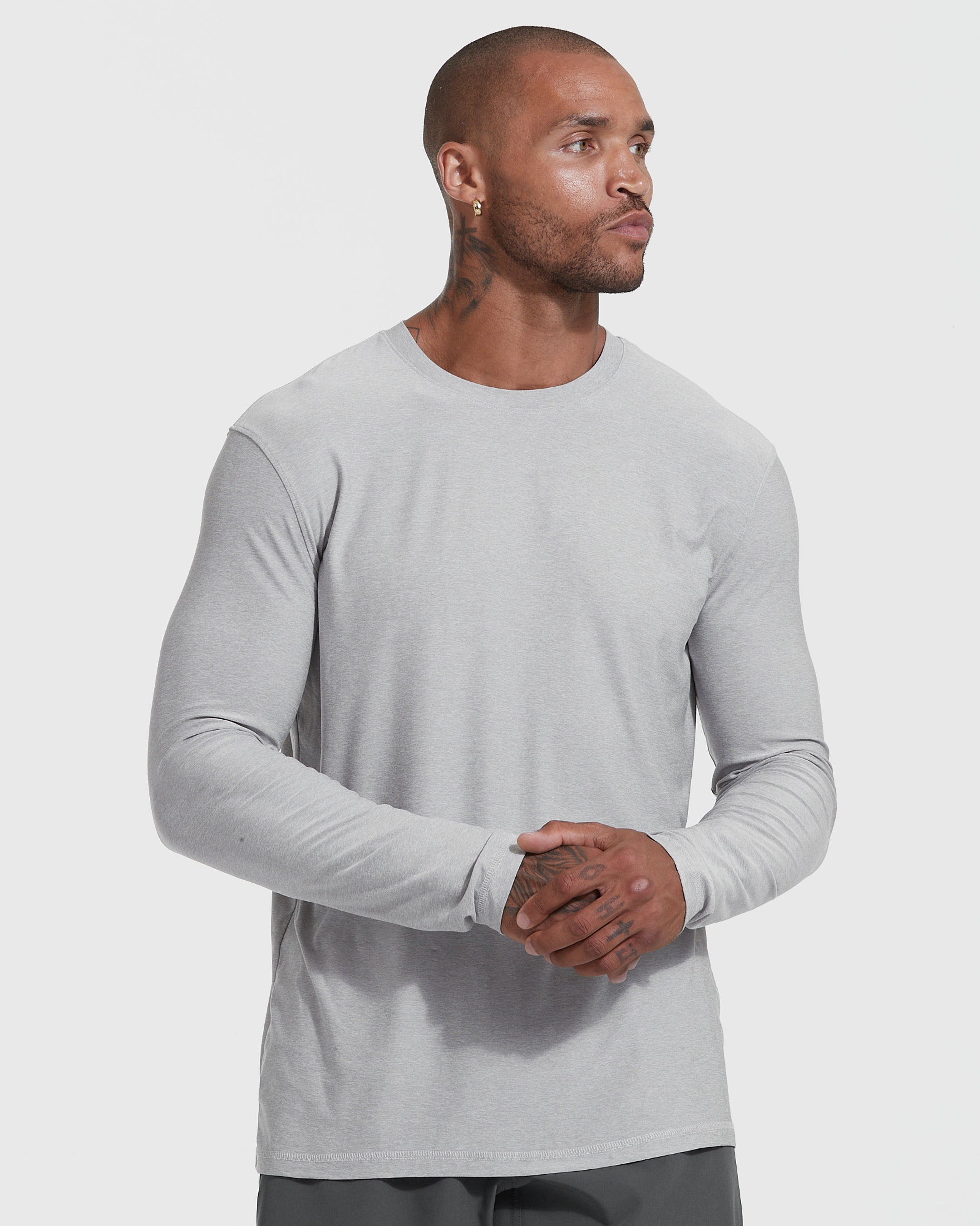 Heather Light Gray Active Long Sleeve Crew T-Shirt-VibeCloset