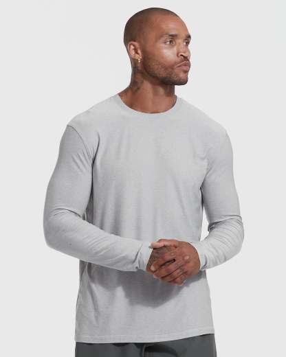 Heather Light Gray Active Long Sleeve Crew T-Shirt-VibeCloset