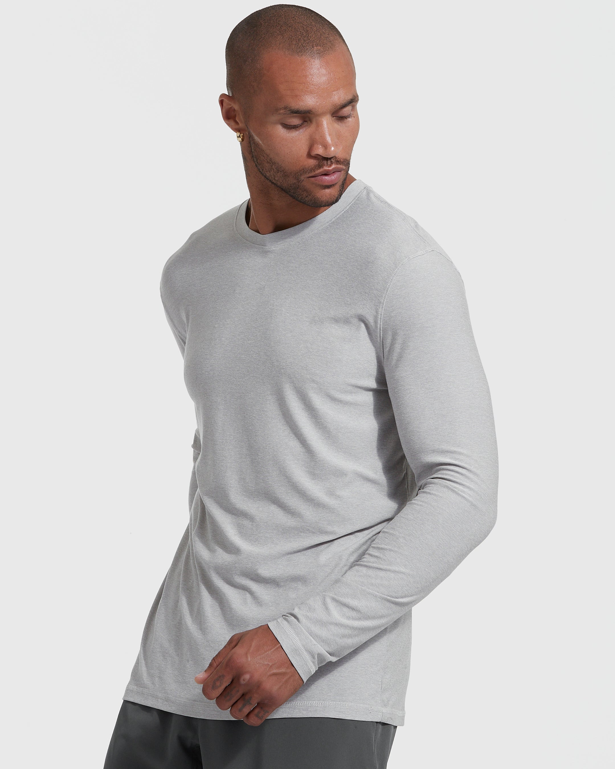 Heather Light Gray Active Long Sleeve Crew T-Shirt-VibeCloset