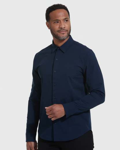 Navy and White Commuter Long Sleeve Shirt 2-Pack-VibeCloset