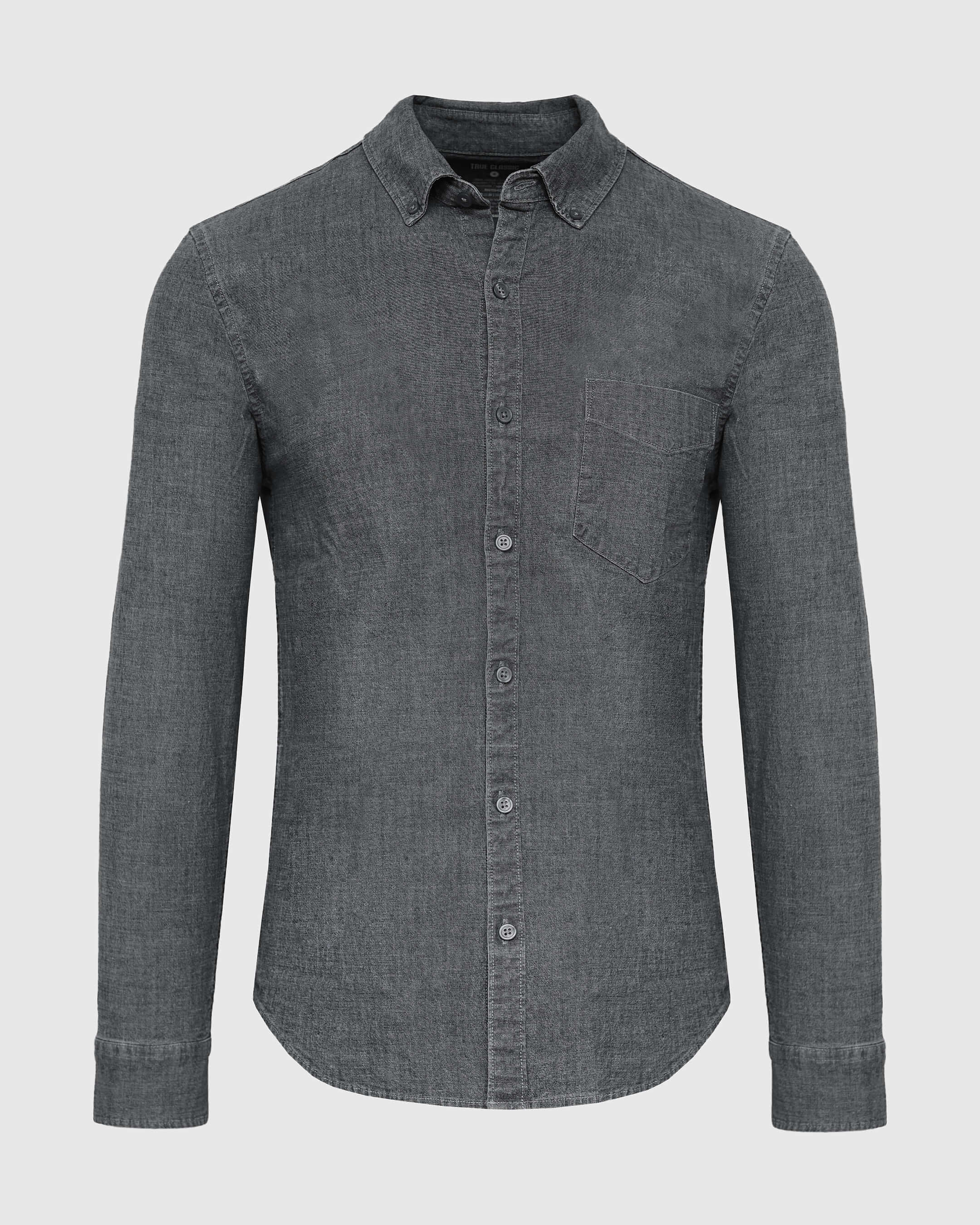 Black Wash Long Sleeve Chambray Shirt-VibeCloset