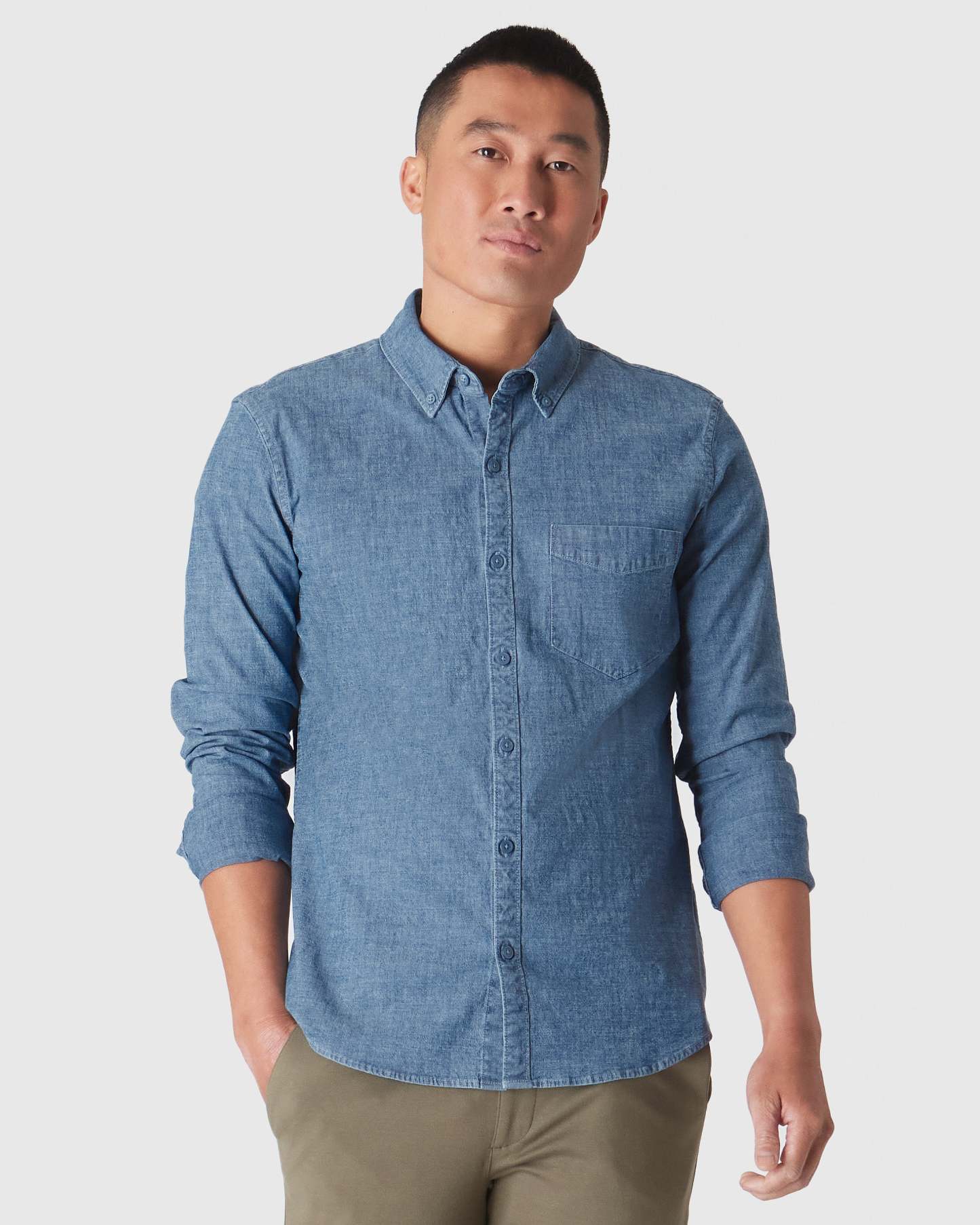 Light Indigo Wash Long Sleeve Chambray Shirt-VibeCloset