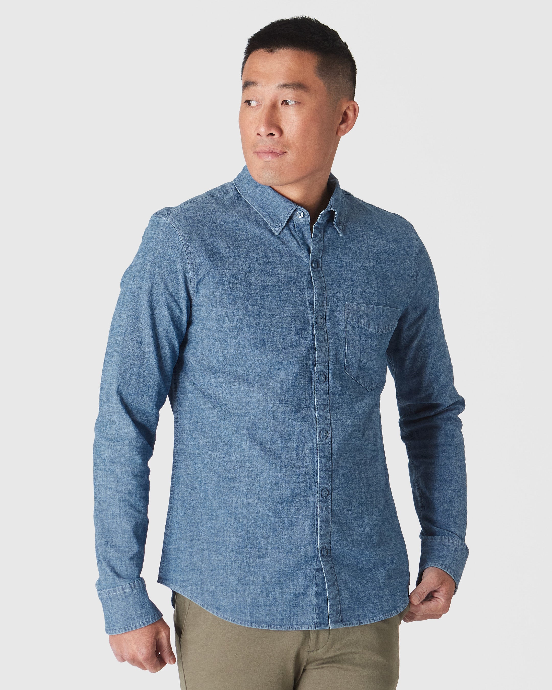 Light Indigo Wash Long Sleeve Chambray Shirt-VibeCloset