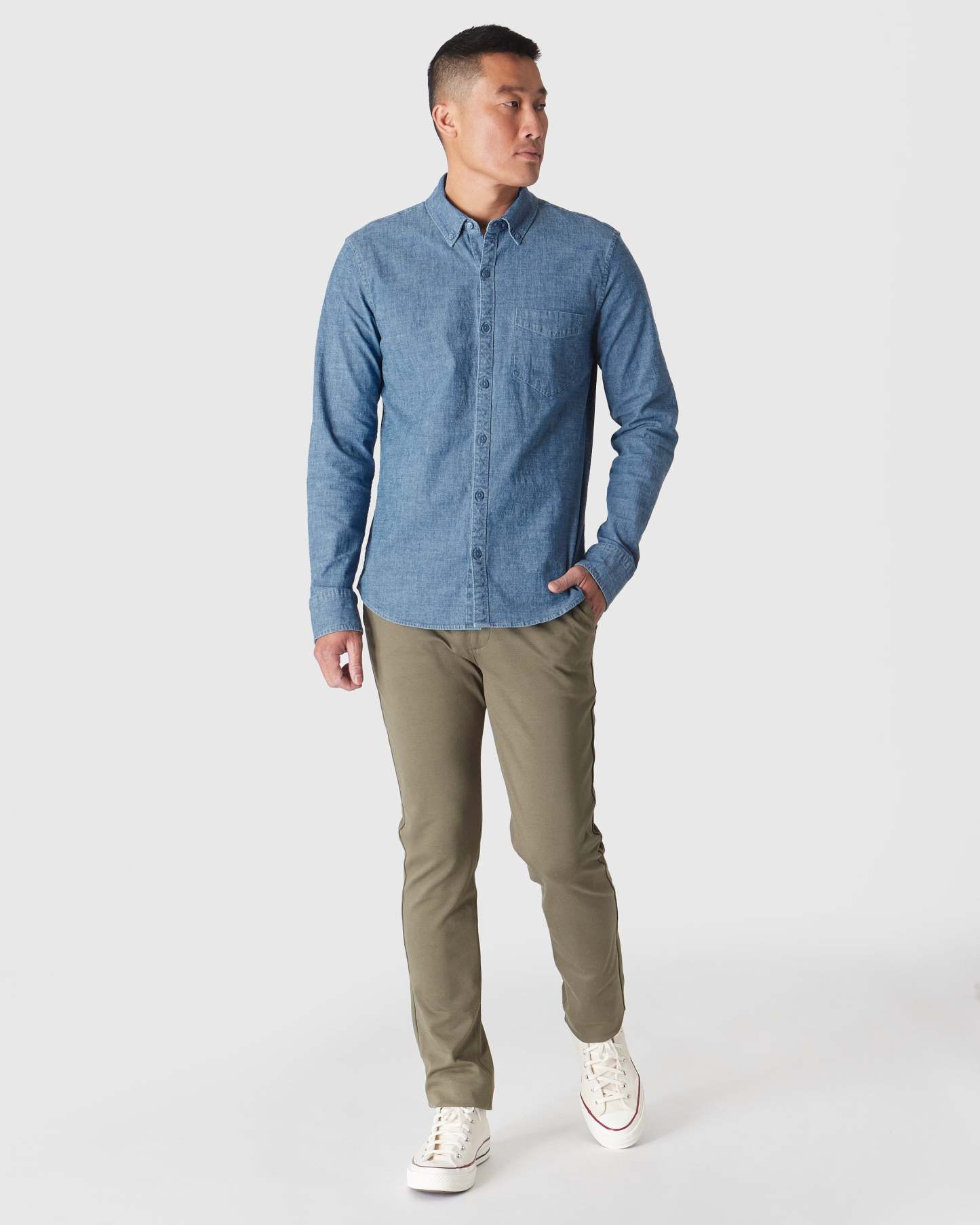 Light Indigo Wash Long Sleeve Chambray Shirt-VibeCloset