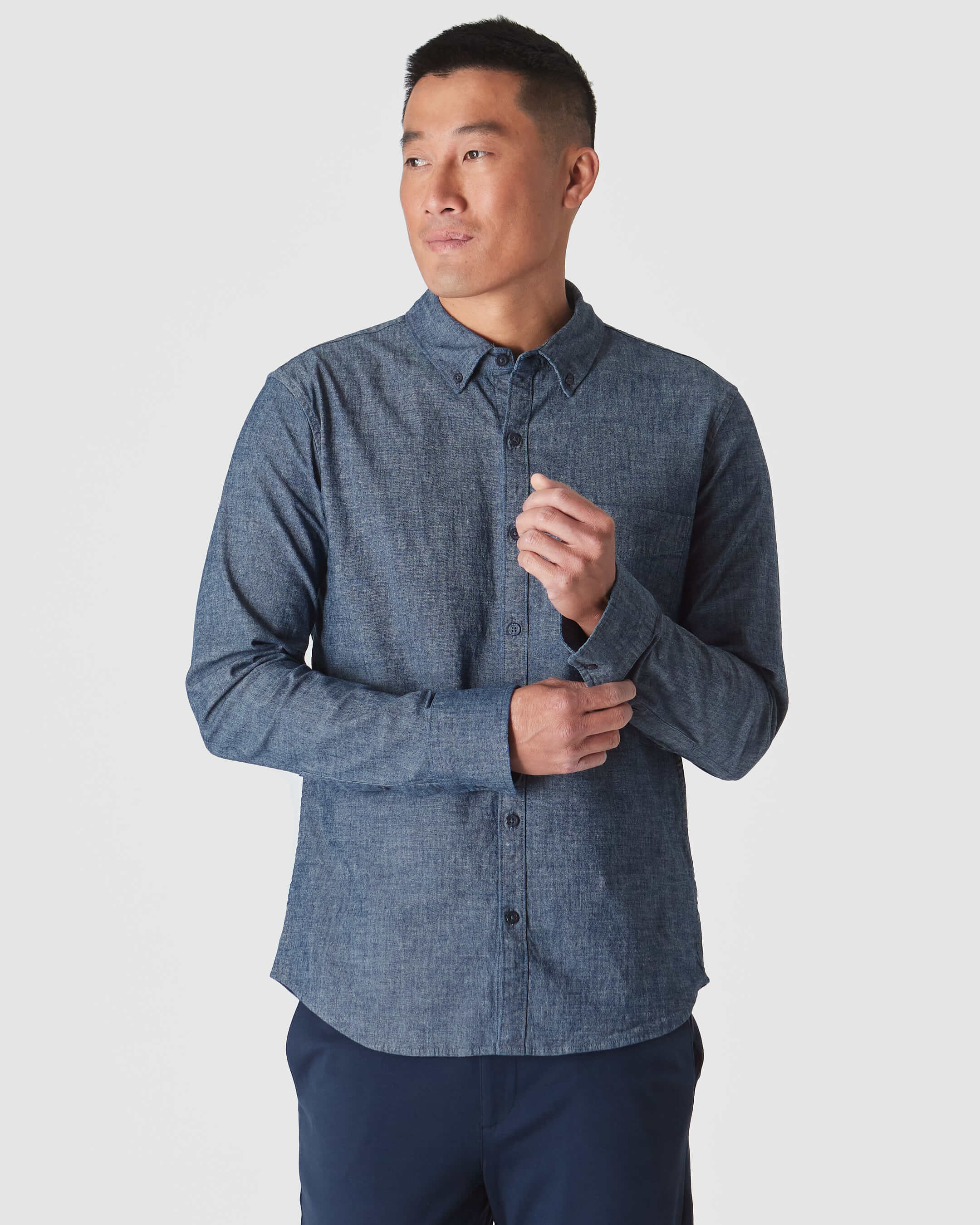 Medium Indigo Wash Long Sleeve Chambray Shirt-VibeCloset