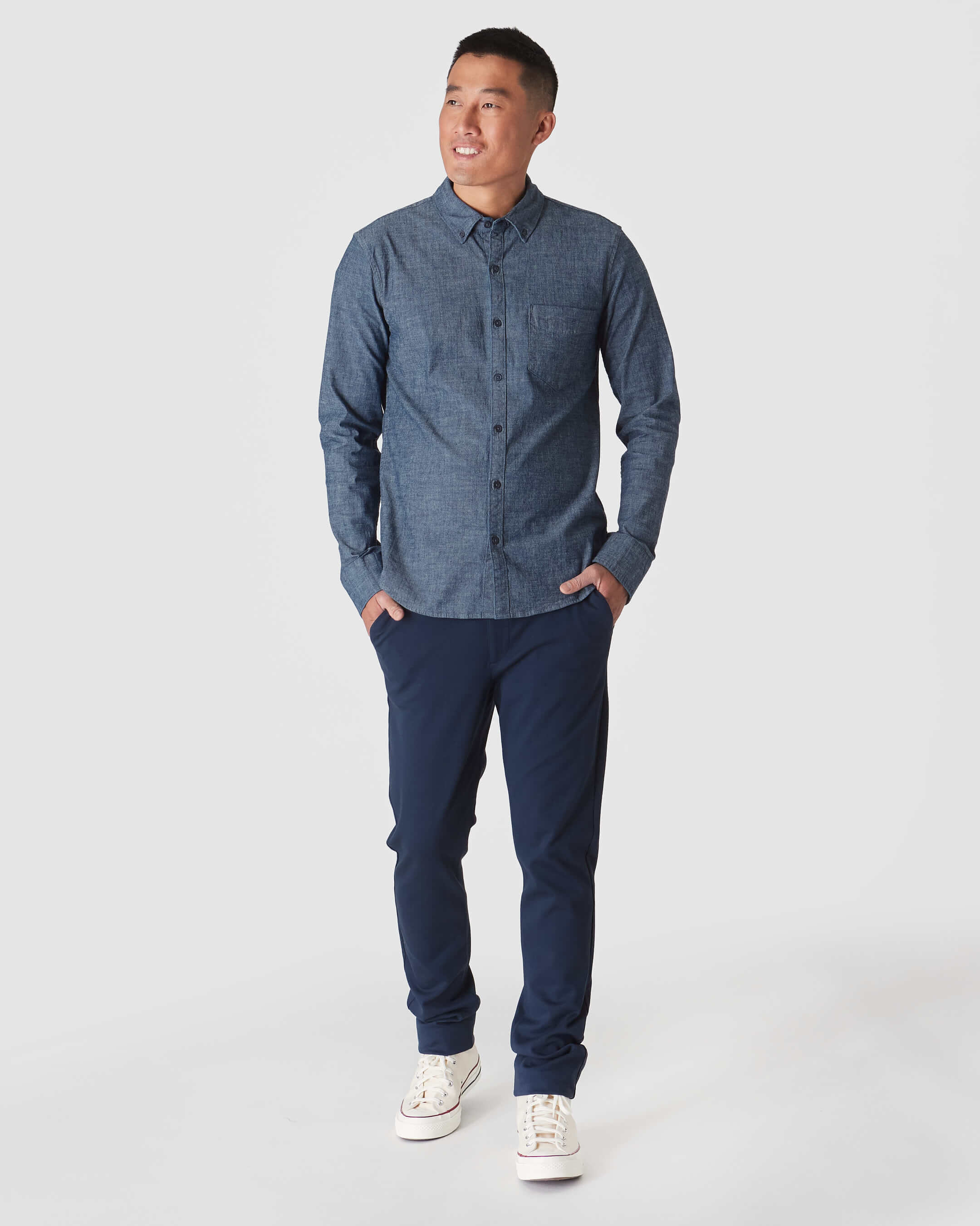 Black & Medium Indigo Wash Long Sleeve Chambray Shirt 2-Pack-VibeCloset