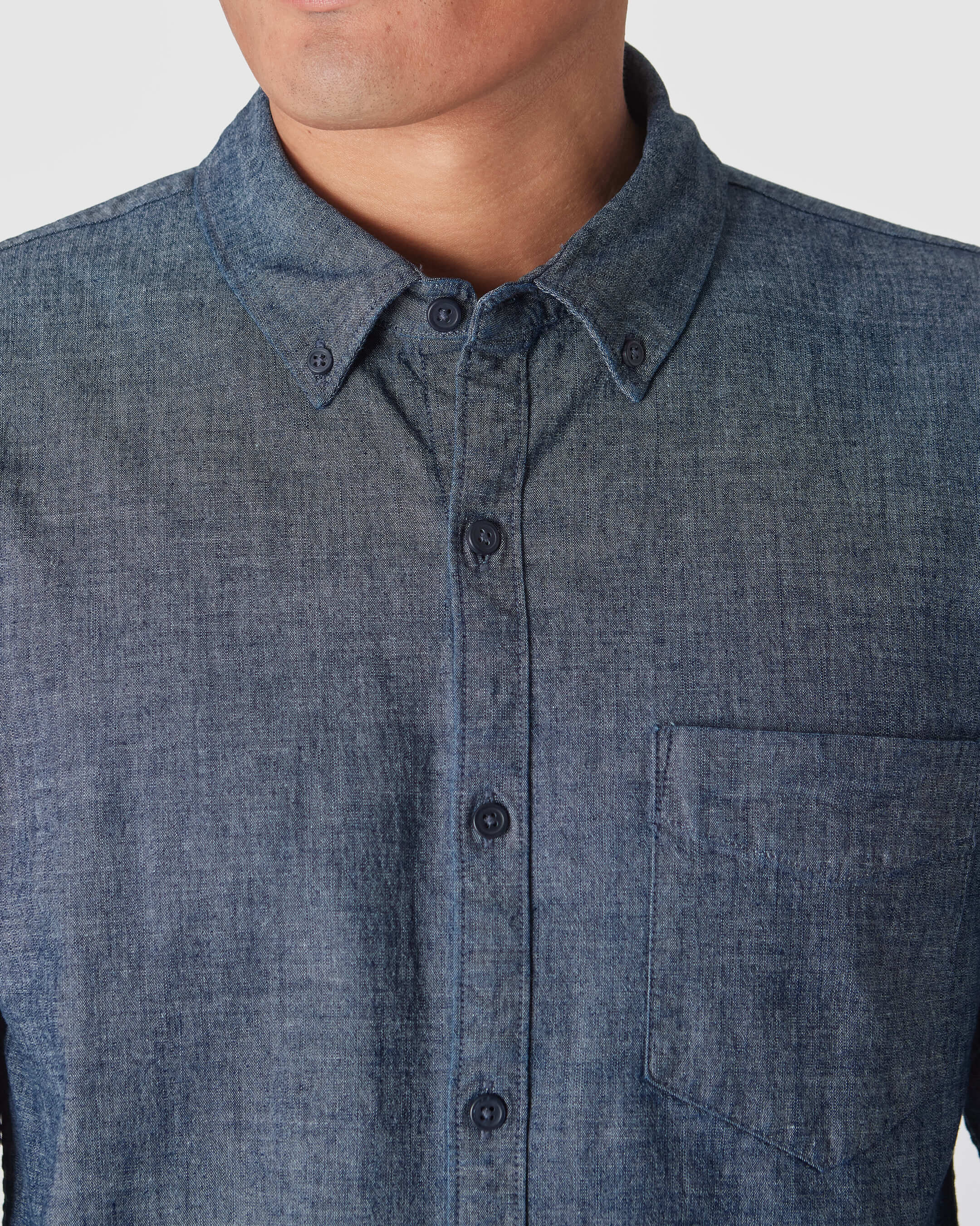 Medium Indigo Wash Long Sleeve Chambray Shirt-VibeCloset