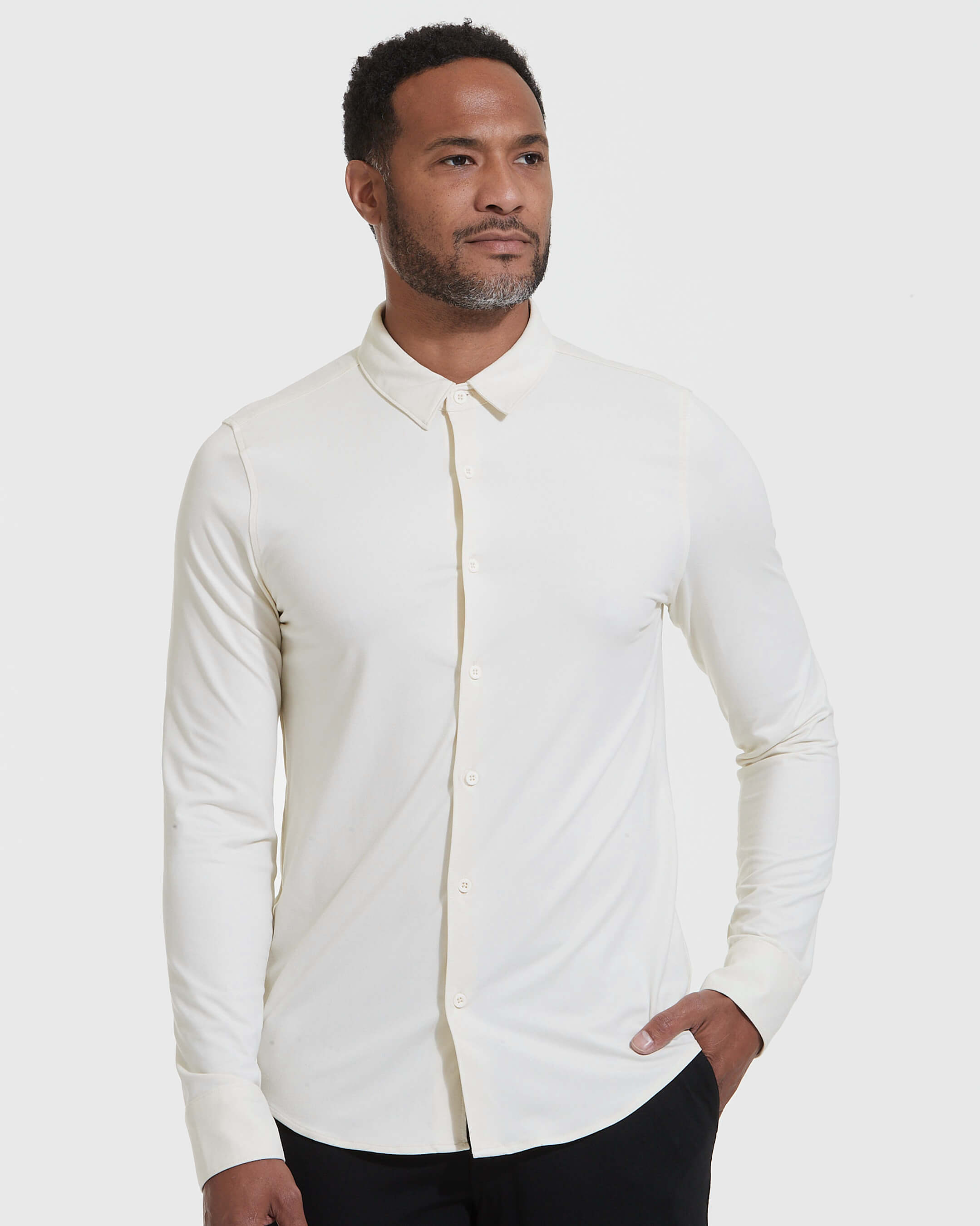 Ecru Long Sleeve Do-It-All Comfort Shirt-VibeCloset