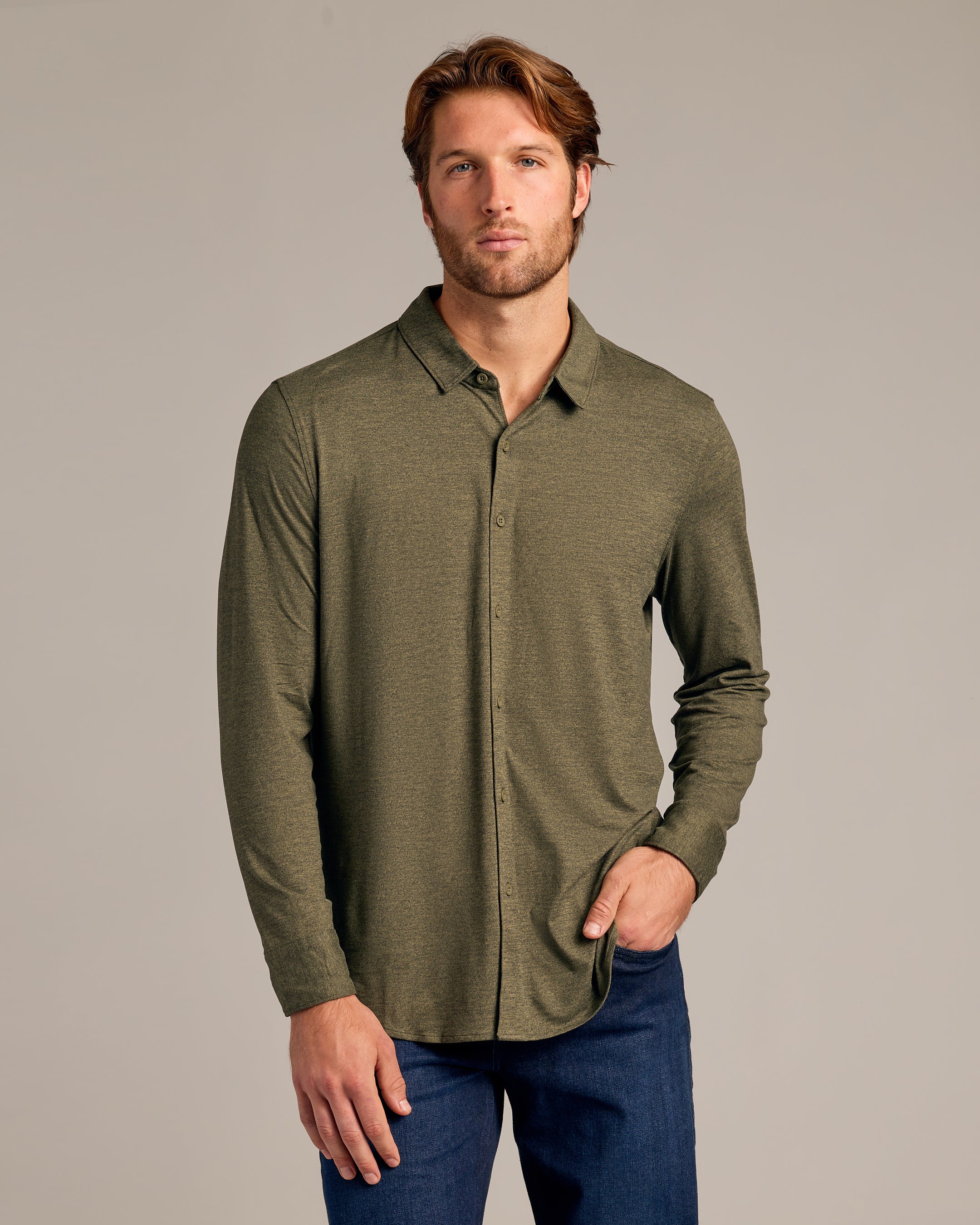 Dark Heather Military Green Long Sleeve Do-It-All Comfort Shirt-VibeCloset