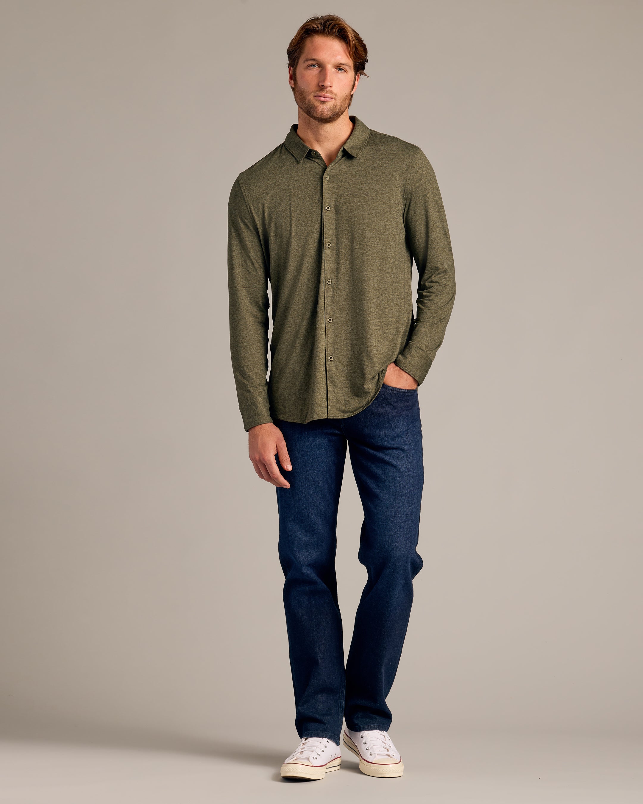 Dark Heather Military Green Long Sleeve Do-It-All Comfort Shirt-VibeCloset