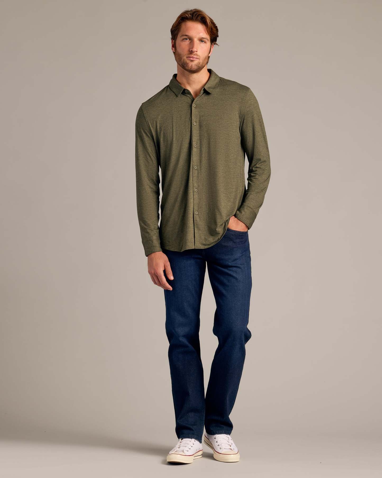 Dark Heather Military Green Long Sleeve Do-It-All Comfort Shirt-VibeCloset