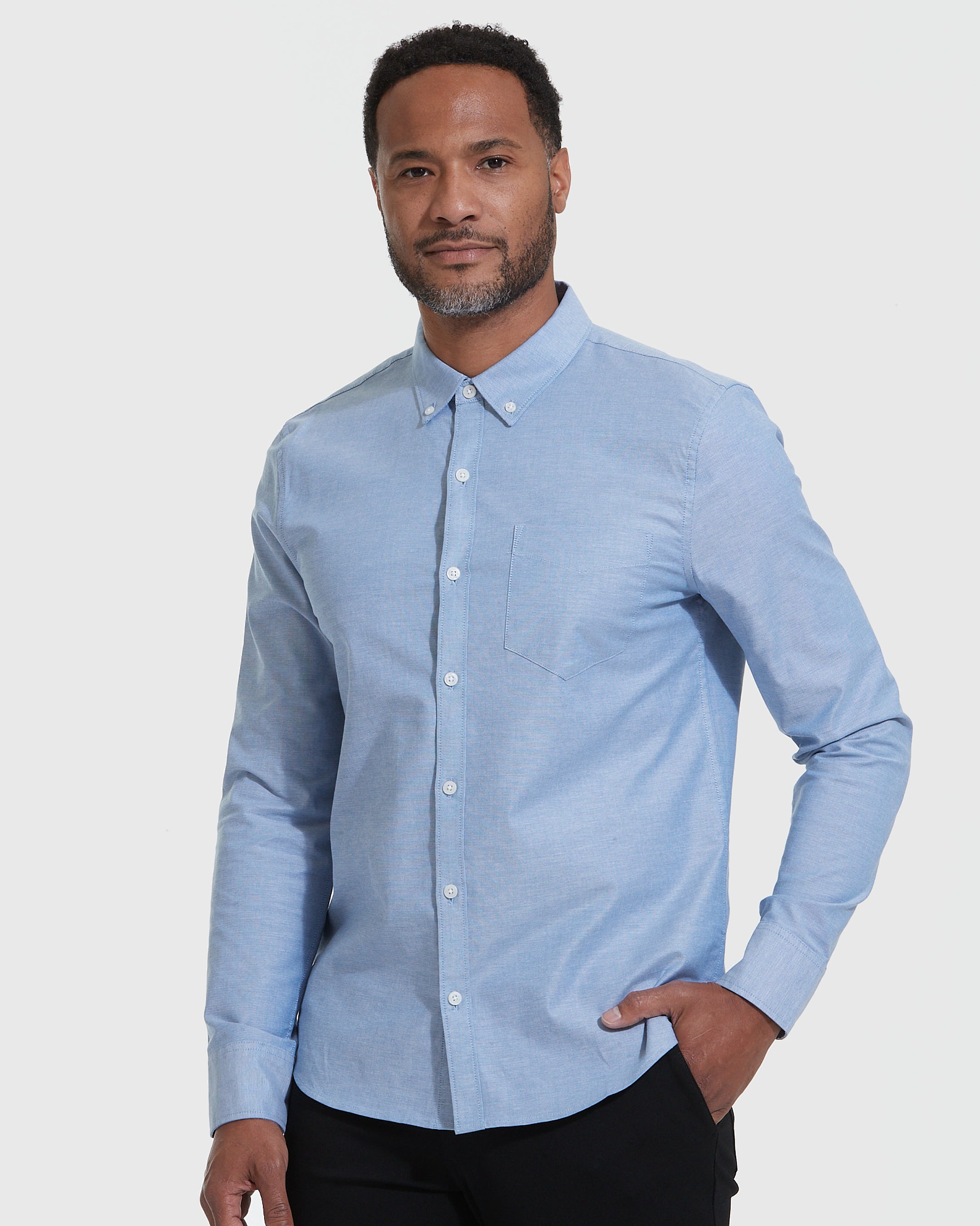 Banker Blue Stretch Oxford Long Sleeve Shirt-VibeCloset