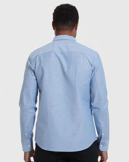 Banker Blue Stretch Oxford Long Sleeve Shirt-VibeCloset