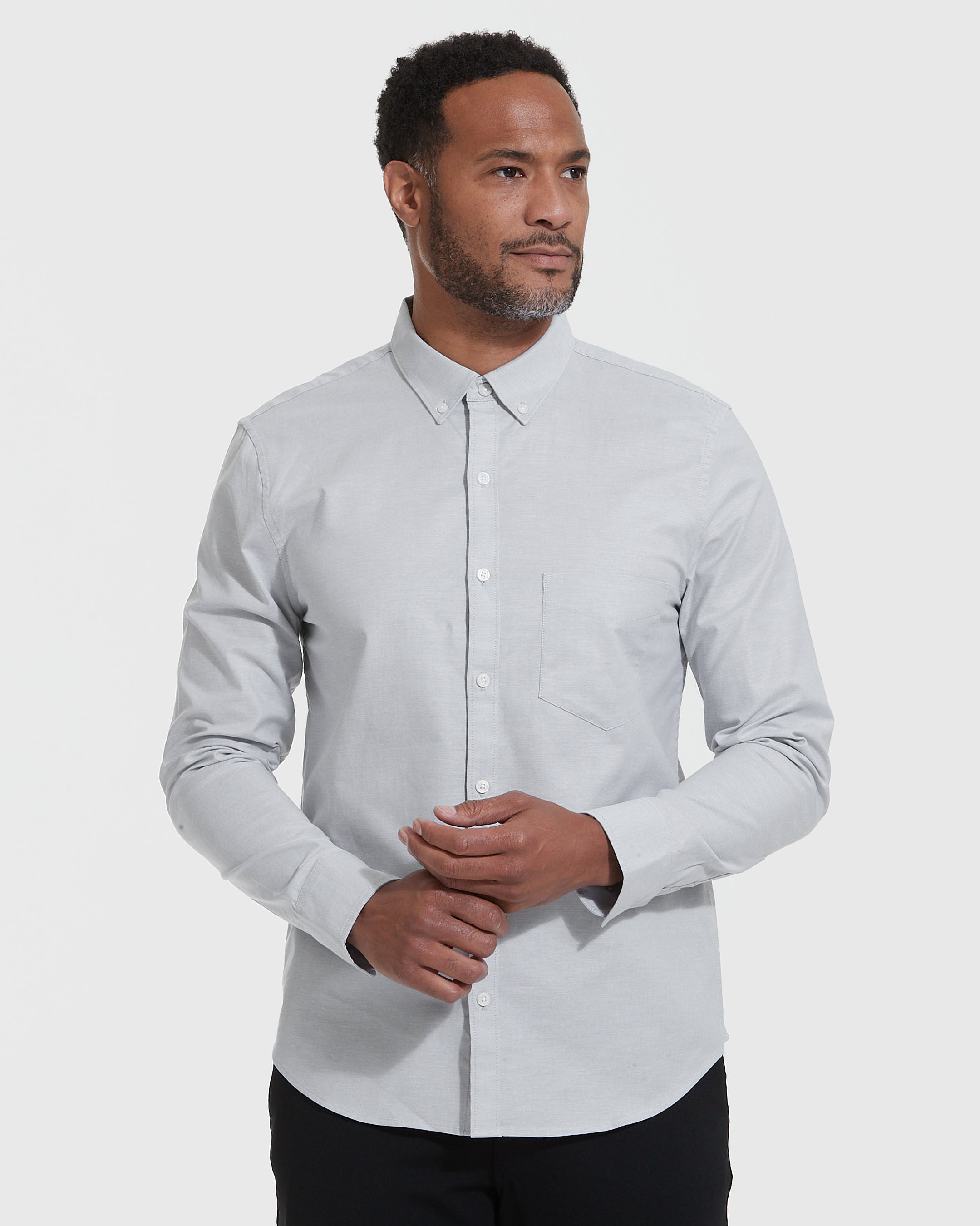 Light Gray Stretch Oxford Long Sleeve Shirt-VibeCloset