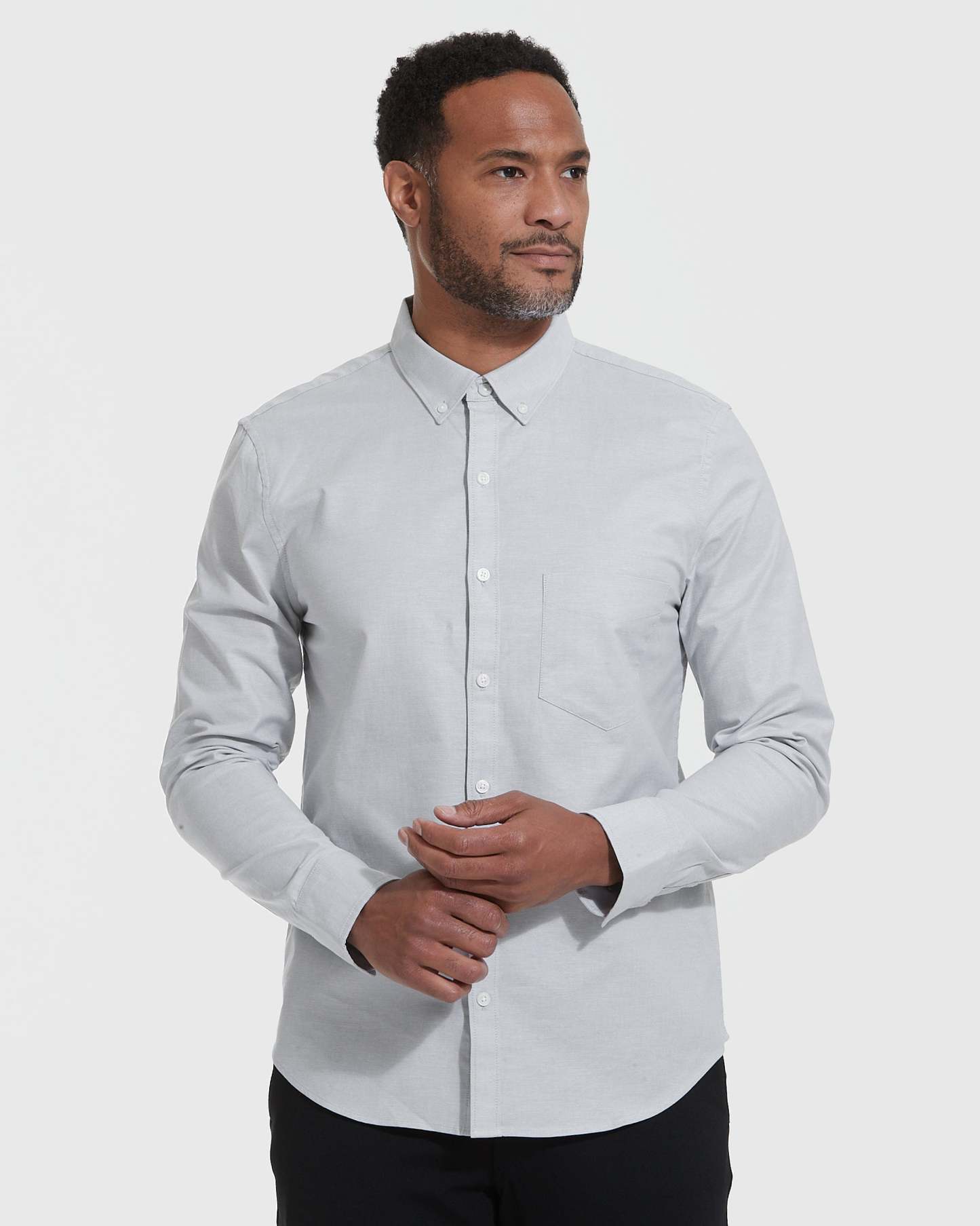 Light Gray Stretch Oxford Long Sleeve Shirt-VibeCloset