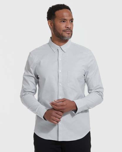 Light Gray Stretch Oxford Long Sleeve Shirt-VibeCloset