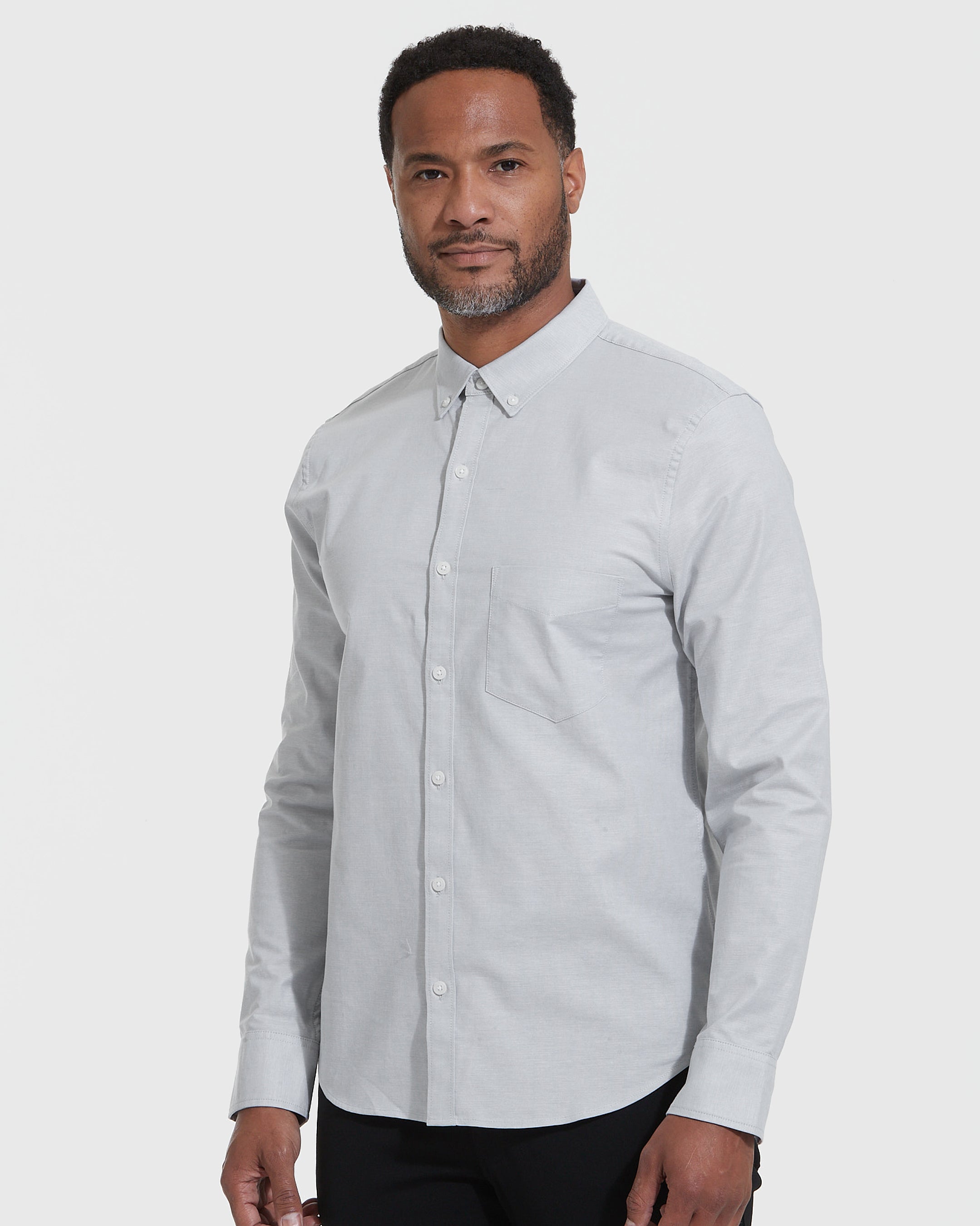Light Gray Stretch Oxford Long Sleeve Shirt-VibeCloset