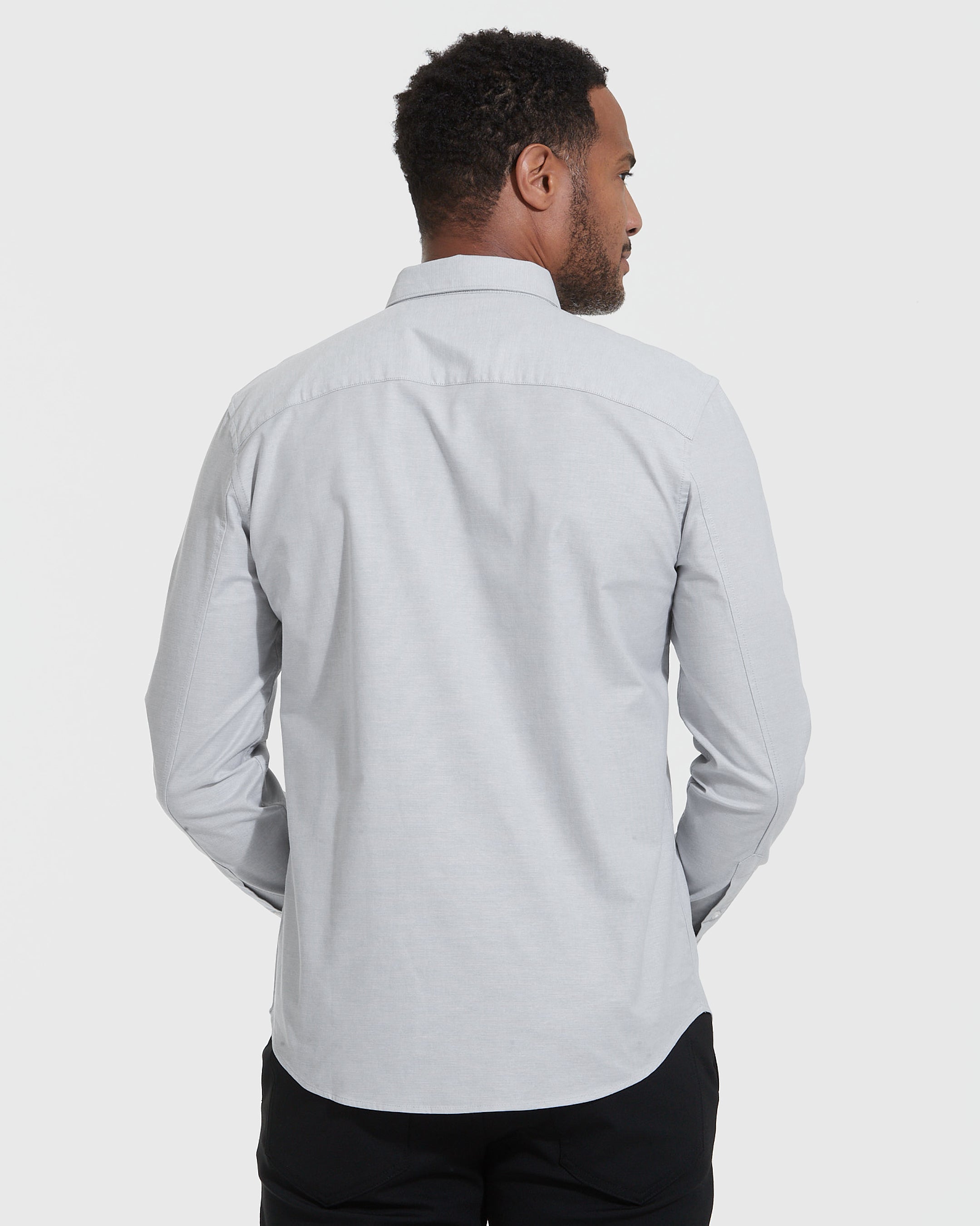 Light Gray Stretch Oxford Long Sleeve Shirt-VibeCloset