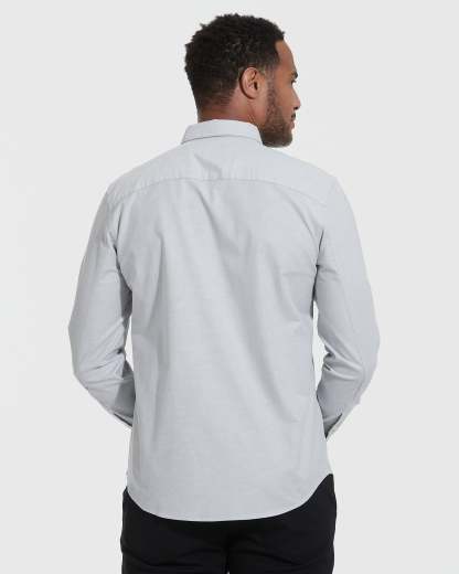 Light Gray Stretch Oxford Long Sleeve Shirt-VibeCloset