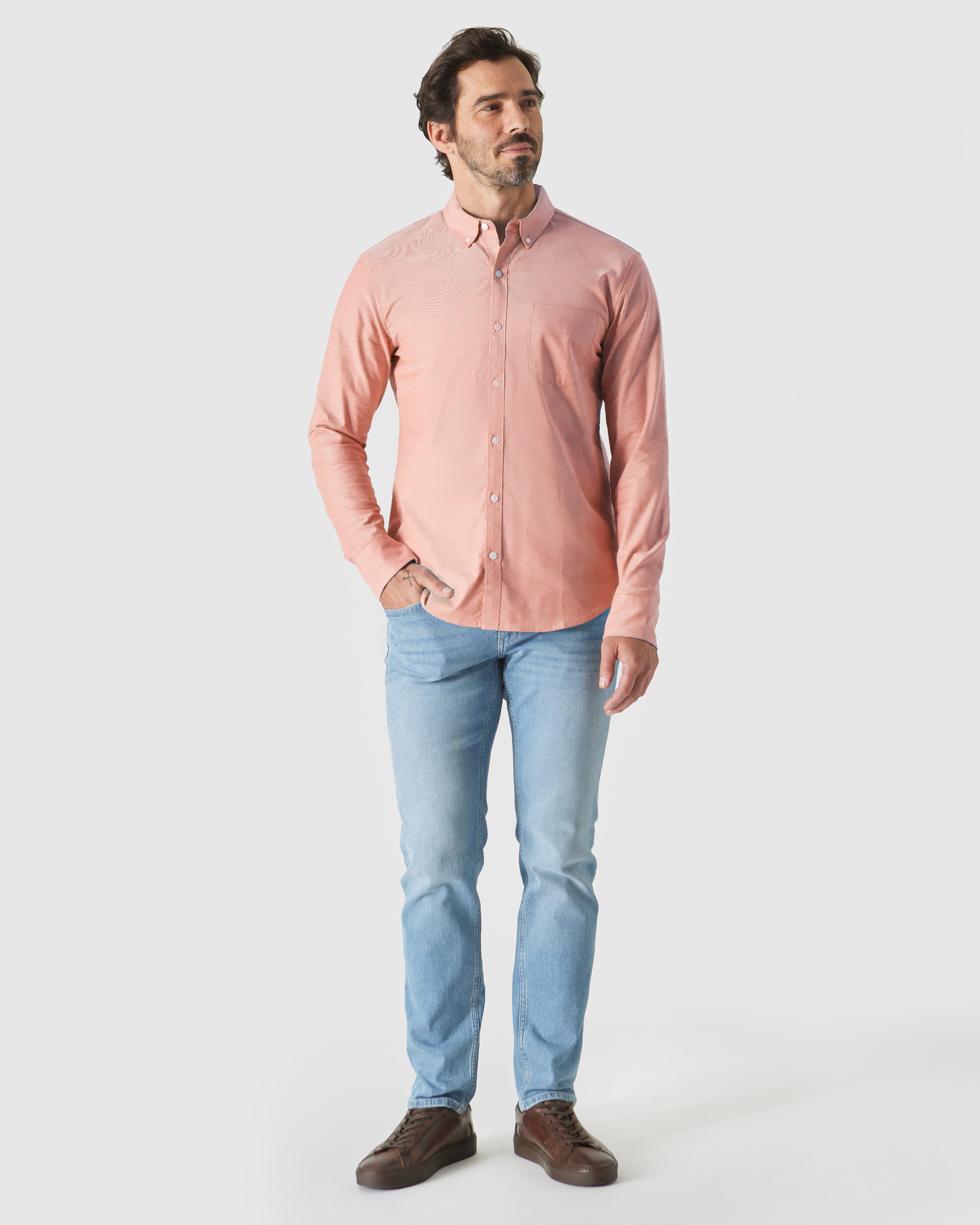 Peach Stretch Oxford Long Sleeve Shirt-VibeCloset