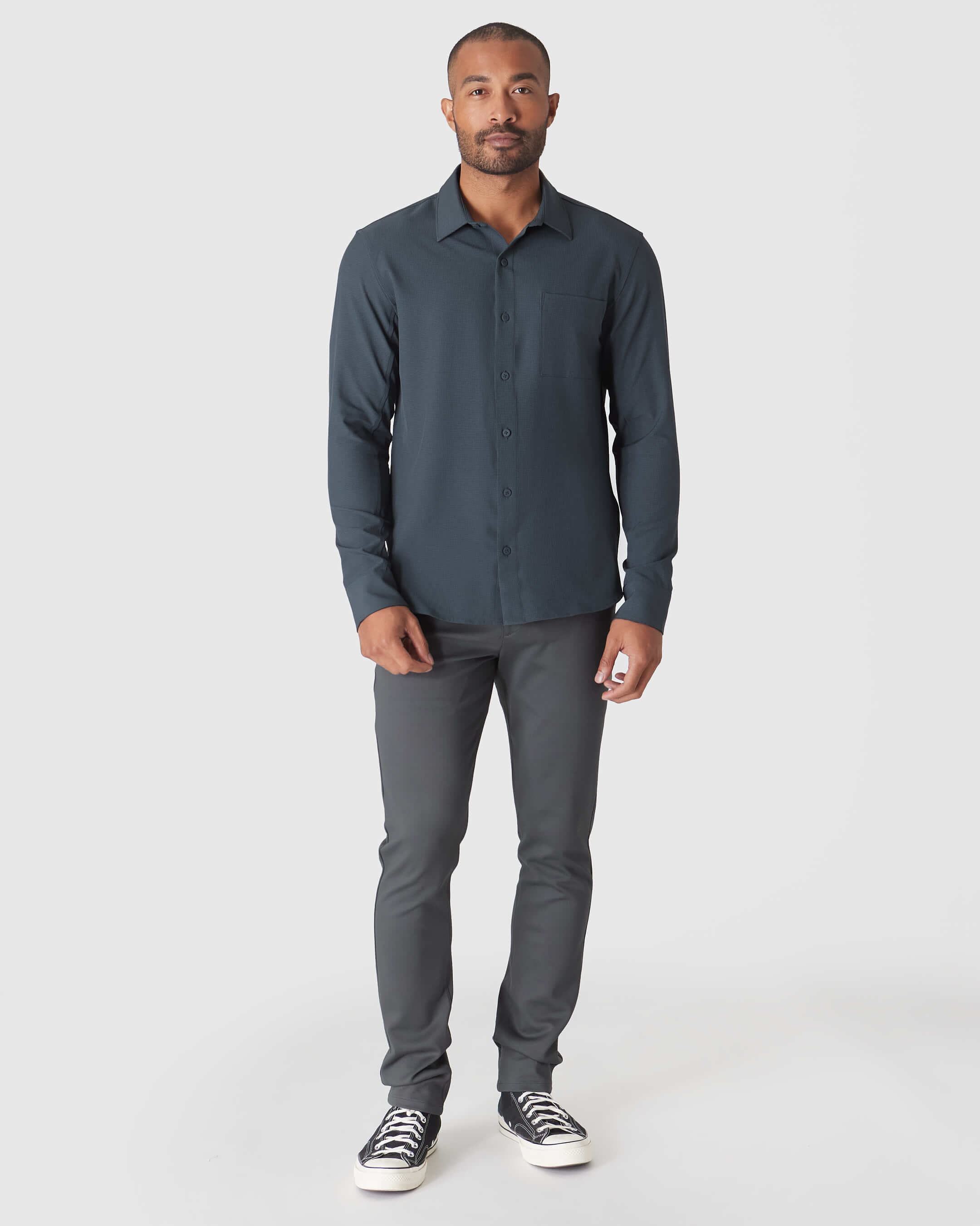 Heather Navy Long Sleeve Ripstop Commuter Shirt-VibeCloset