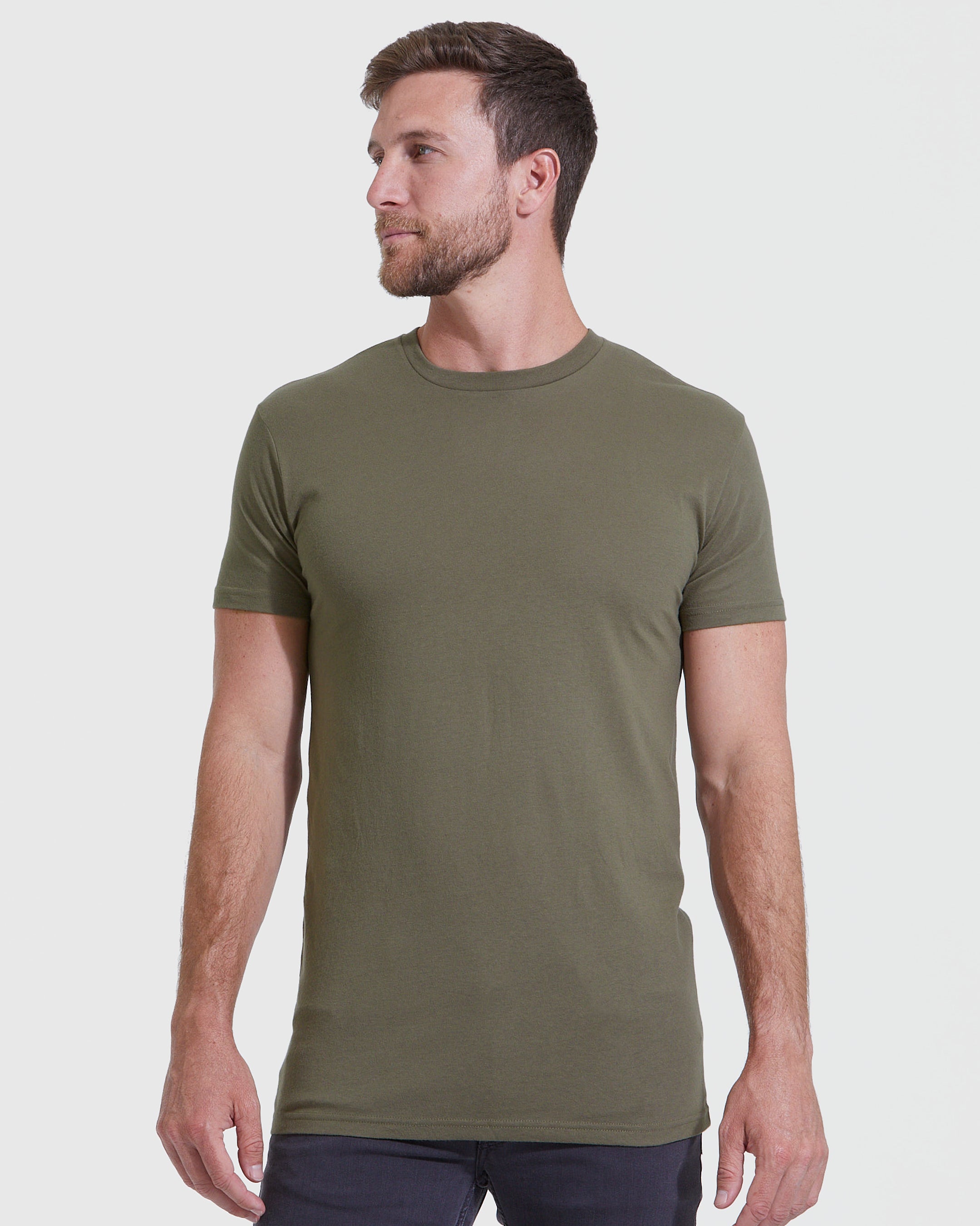 Military Green Tall Round Hem Crew Neck T-Shirt-VibeCloset
