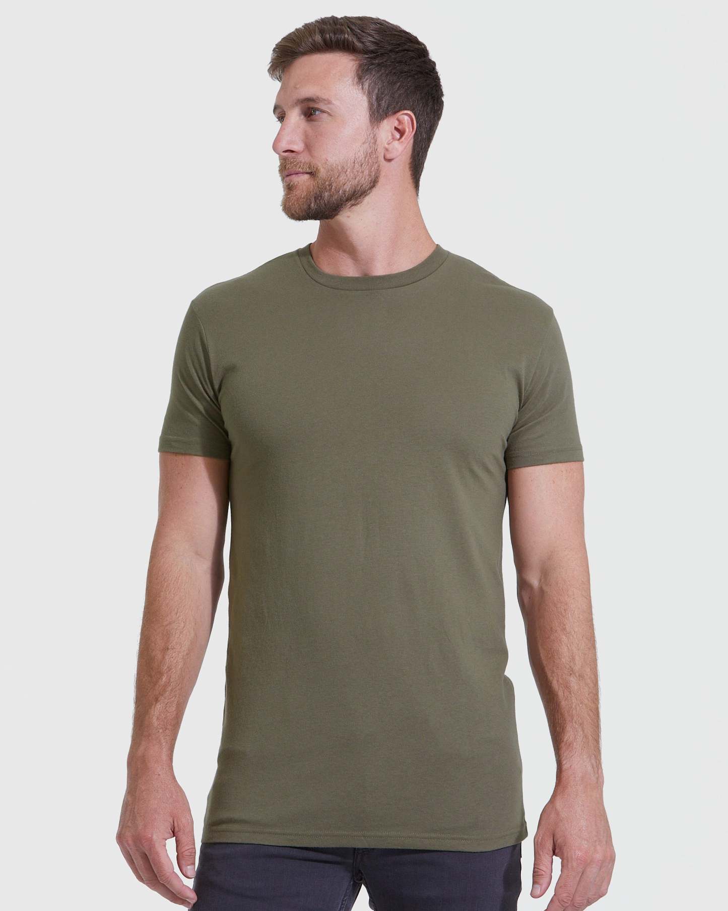 Military Green Tall Round Hem Crew Neck T-Shirt-VibeCloset