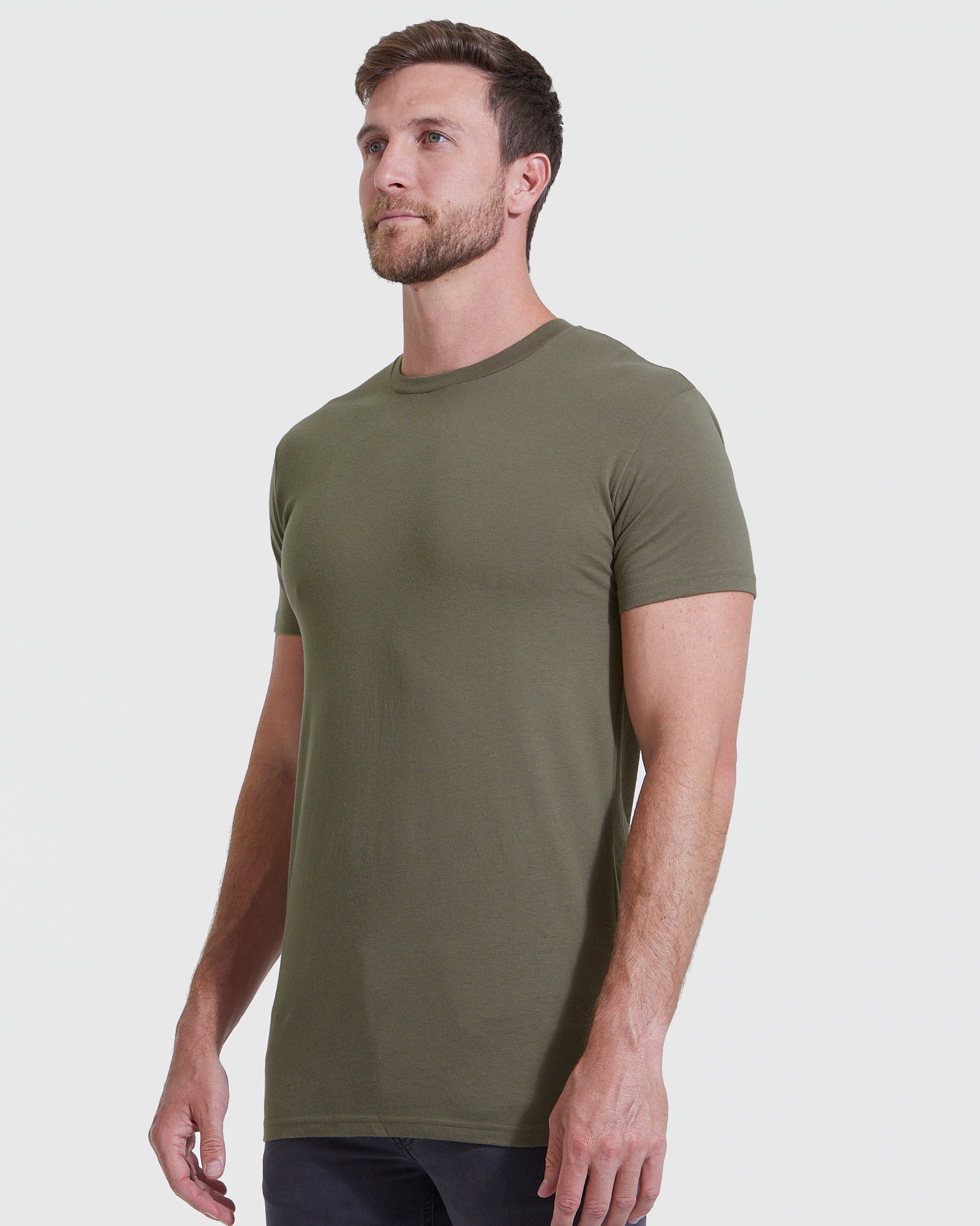 Military Green Tall Round Hem Crew Neck T-Shirt-VibeCloset