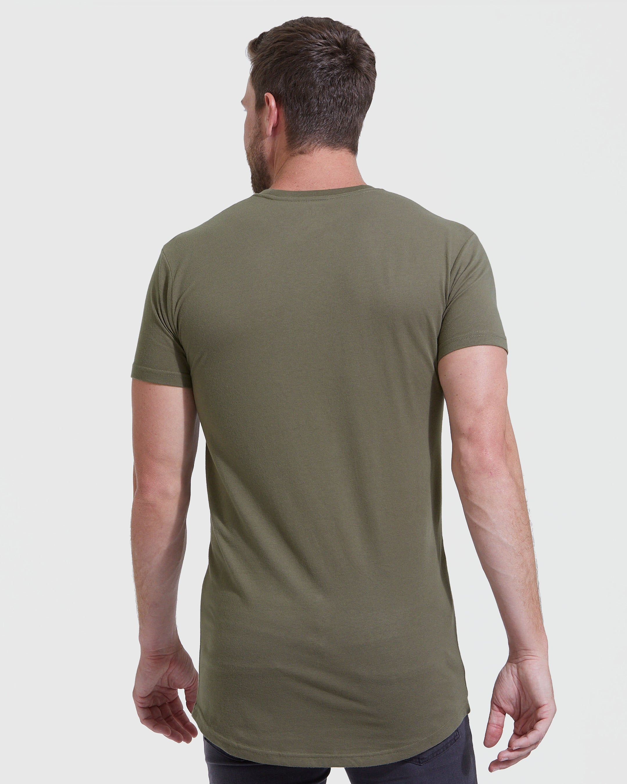 Military Green Tall Round Hem Crew Neck T-Shirt-VibeCloset