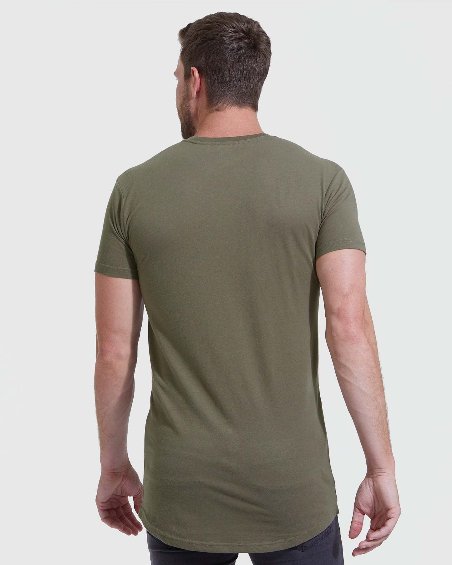 Military Green Tall Round Hem Crew Neck T-Shirt-VibeCloset