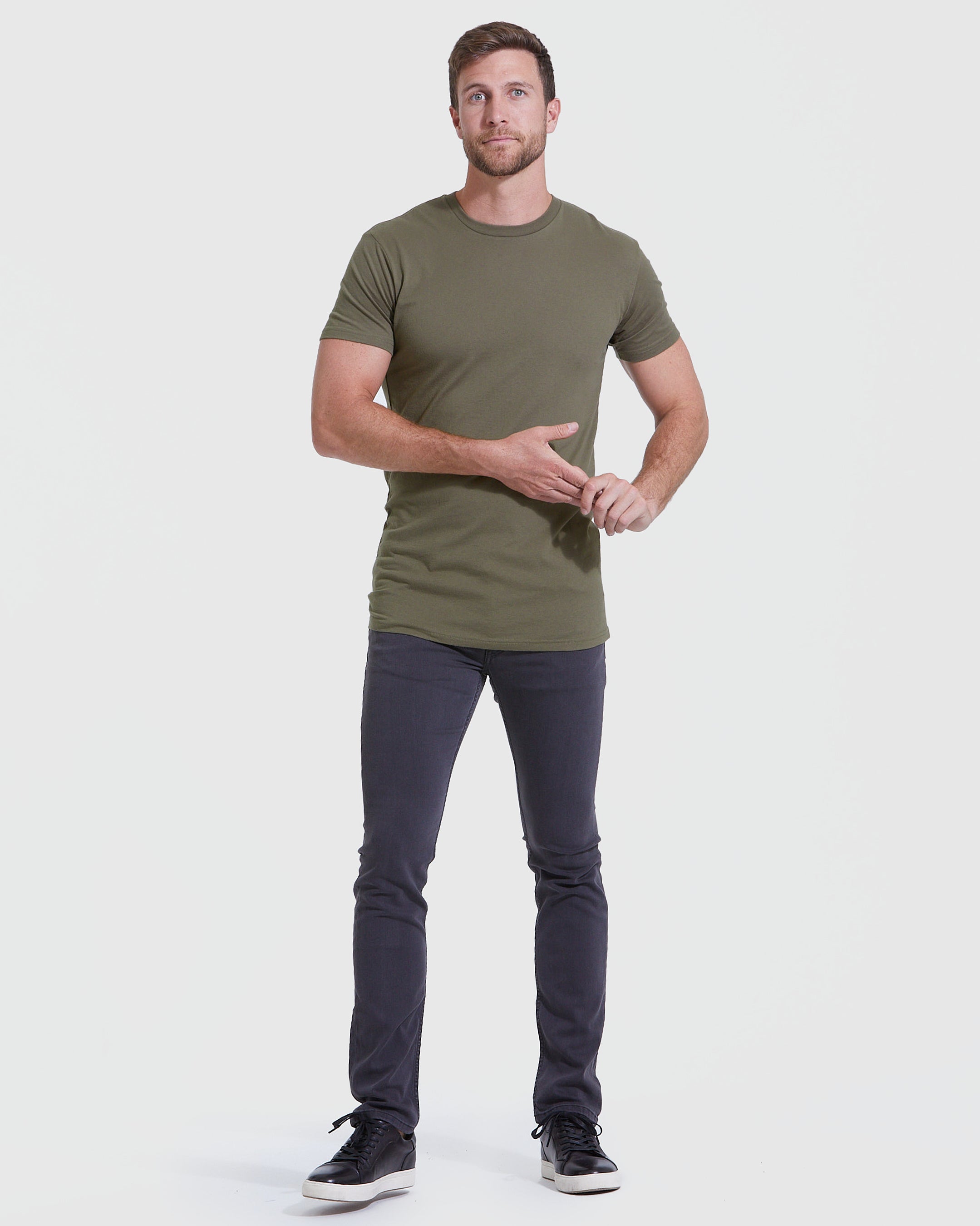 Military Green Tall Round Hem Crew Neck T-Shirt-VibeCloset