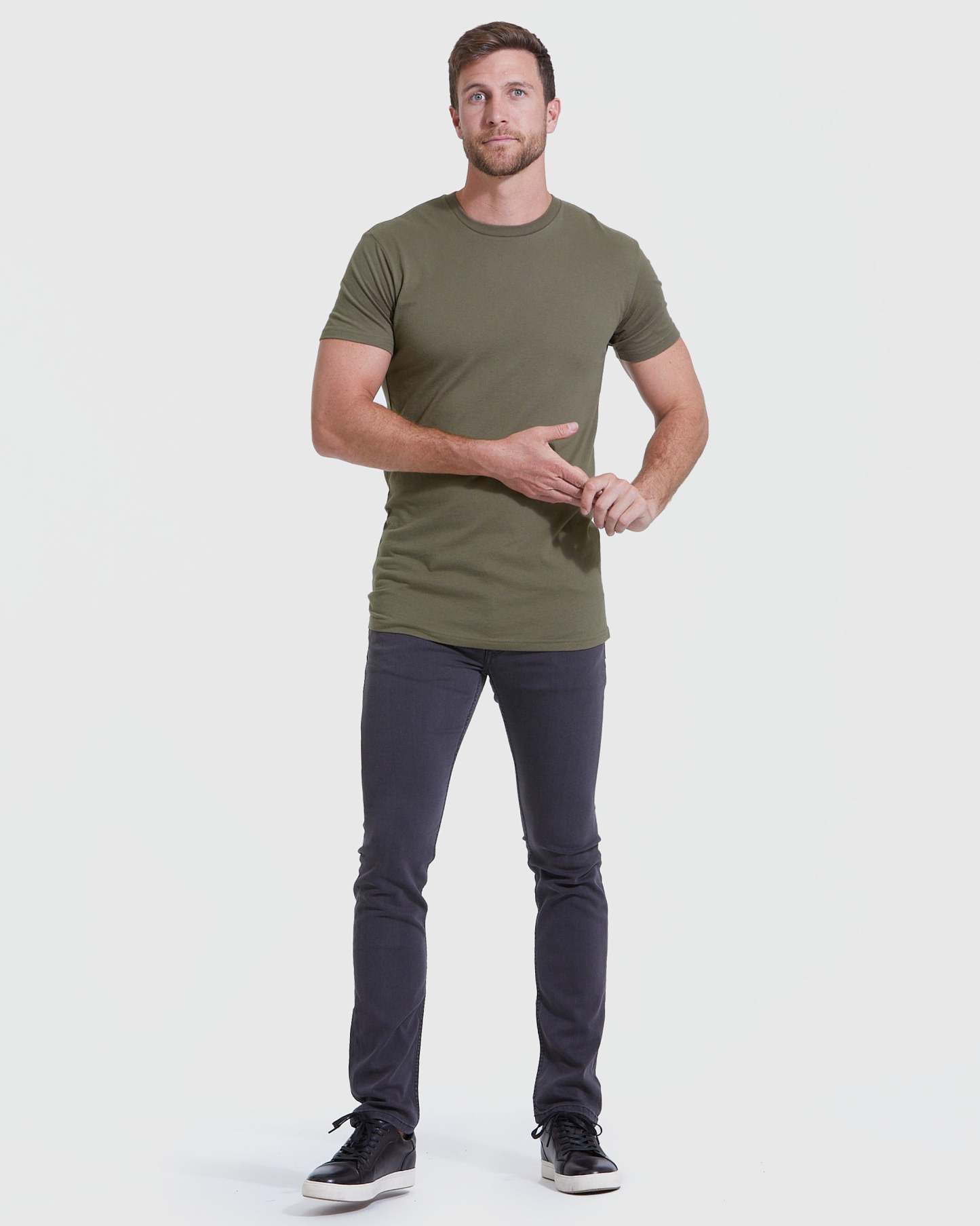 Military Green Tall Round Hem Crew Neck T-Shirt-VibeCloset